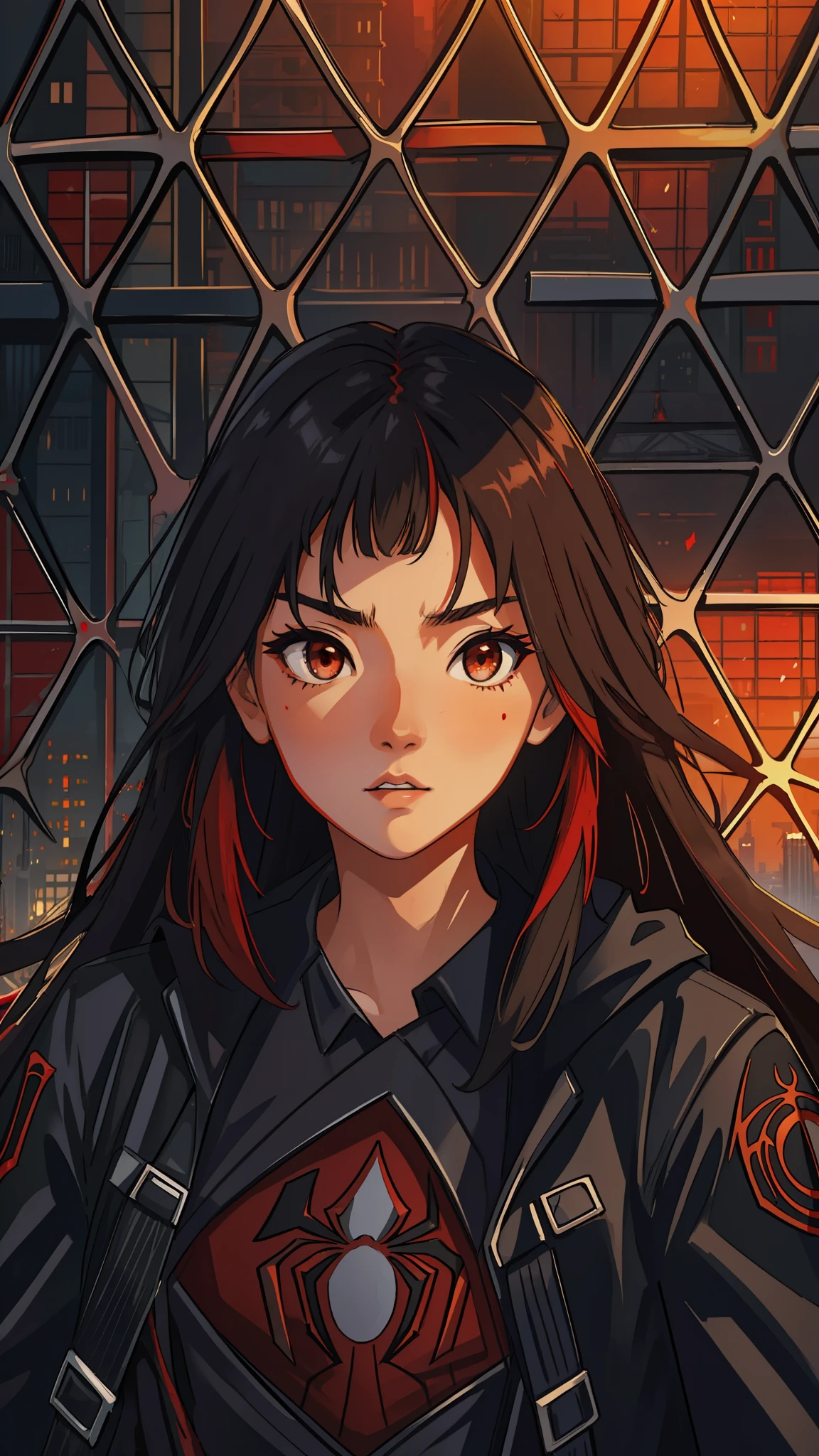 (masterpiece, best quality), intricate details, 8k, artstation, wallpaper, official art, splash art, sharp focus,
1girl, Nakiri Ayame, long hair, brown eyes, red and black colors, spider verse
spider suit, spider web printing, spider web,
skyscrapers, city, buildings, cars, street,