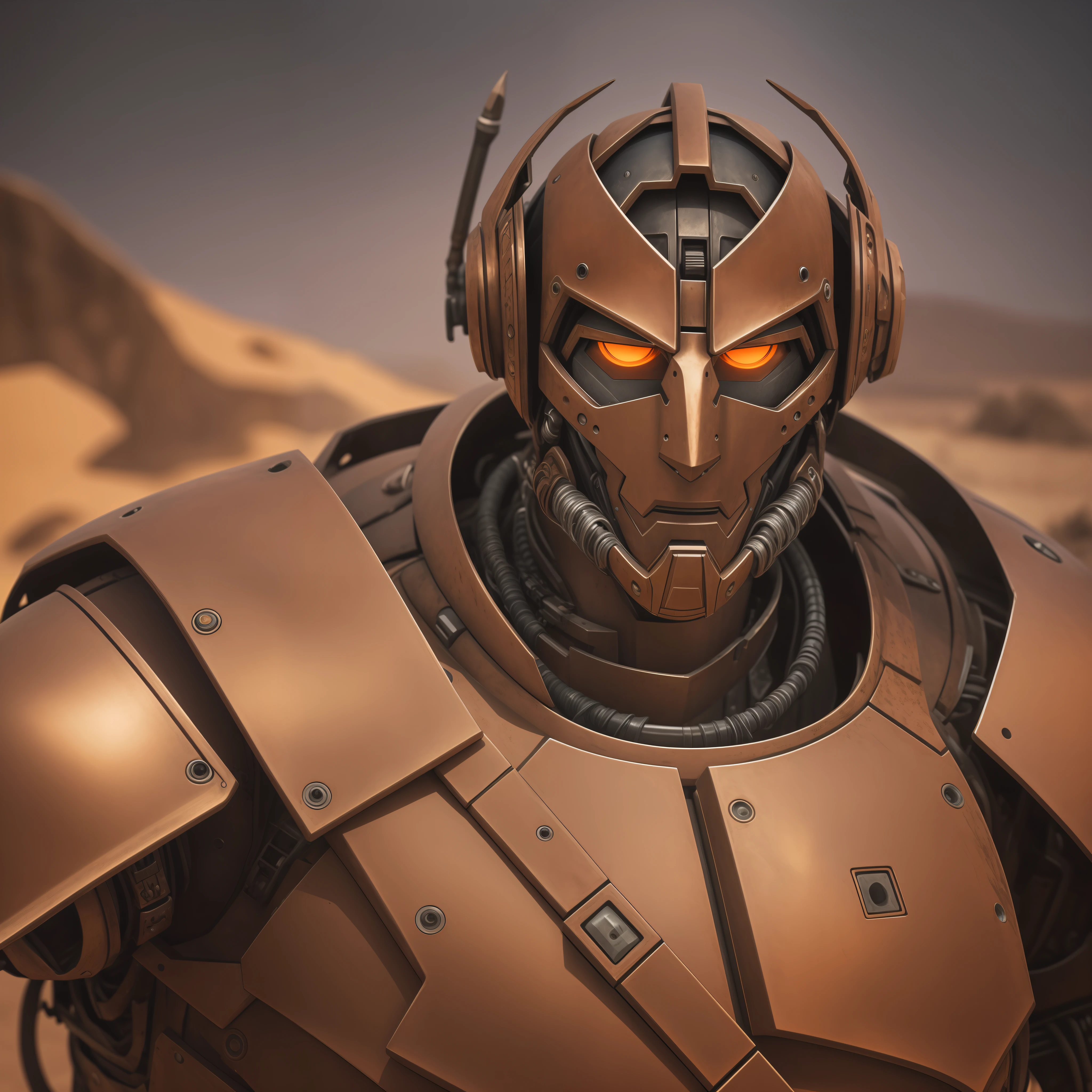 a mechanical cyborg male warrior, partially rusted armor, scorching heat, desert, [[[[closeup]]]], [[[[face]]], [[[[[neck]]], [[[[shoulders]]], perfect eyes, soft front light, brightness, HDR, very strong colors --auto --s2