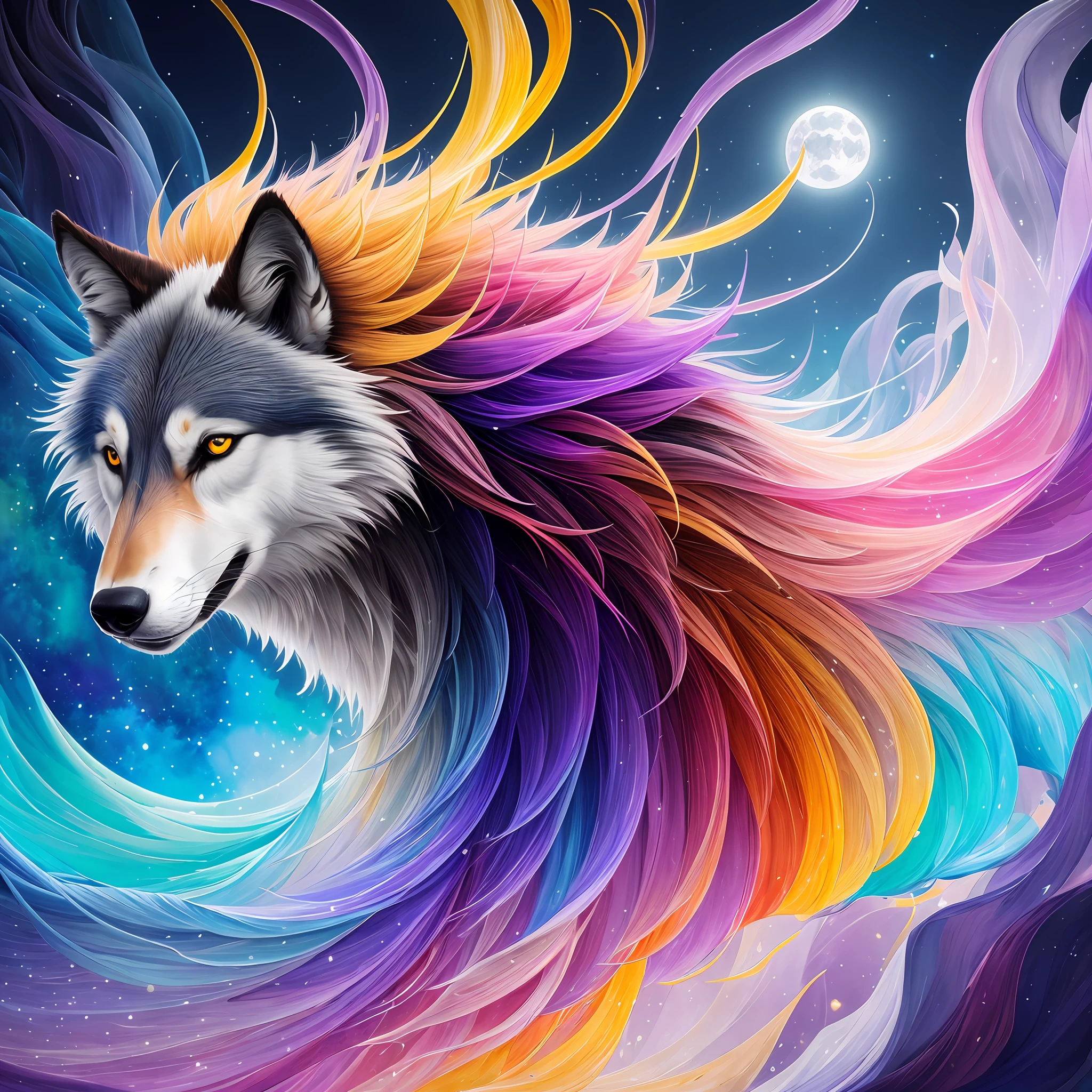 Extremely stressed wolf anime, full moon background, random colorful art, oil painting, blue yellow colors, light purple and violet additions, light red additions, intricate details, welcome screen, 8k resolution, masterpiece, artstation digital painting Very smooth ink flow: 8K resolution Photorealistic masterpiece: Intricately detailed fluid gouache painting:   by Jean Baptiste Mongue: Calligraphy: Acrylic: watercolor, professional photography, natural lighting, maximalist volumetric lighting photoillustration: by Marton Bobzert:, complex, elegant, expansive, fantastic, vibrant