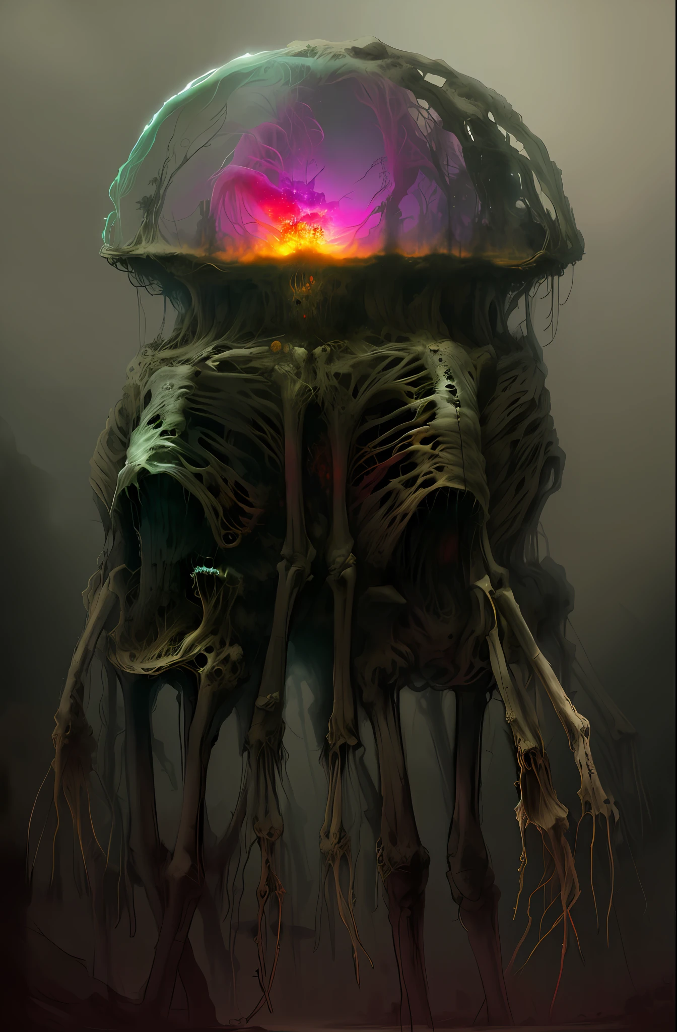 a drawing of a jellyfish with a skeleton head and legs, distaw beksinski, highly detailed beksinski art, inspired by Beksinski, by Santiago Caruso, monster anatomy, intricate zdzislaw beksinski, killian eng beksinski, inspired by Zdzislaw Beksinski, bekzinski, intricate detailed anatomy, BioPunkAI