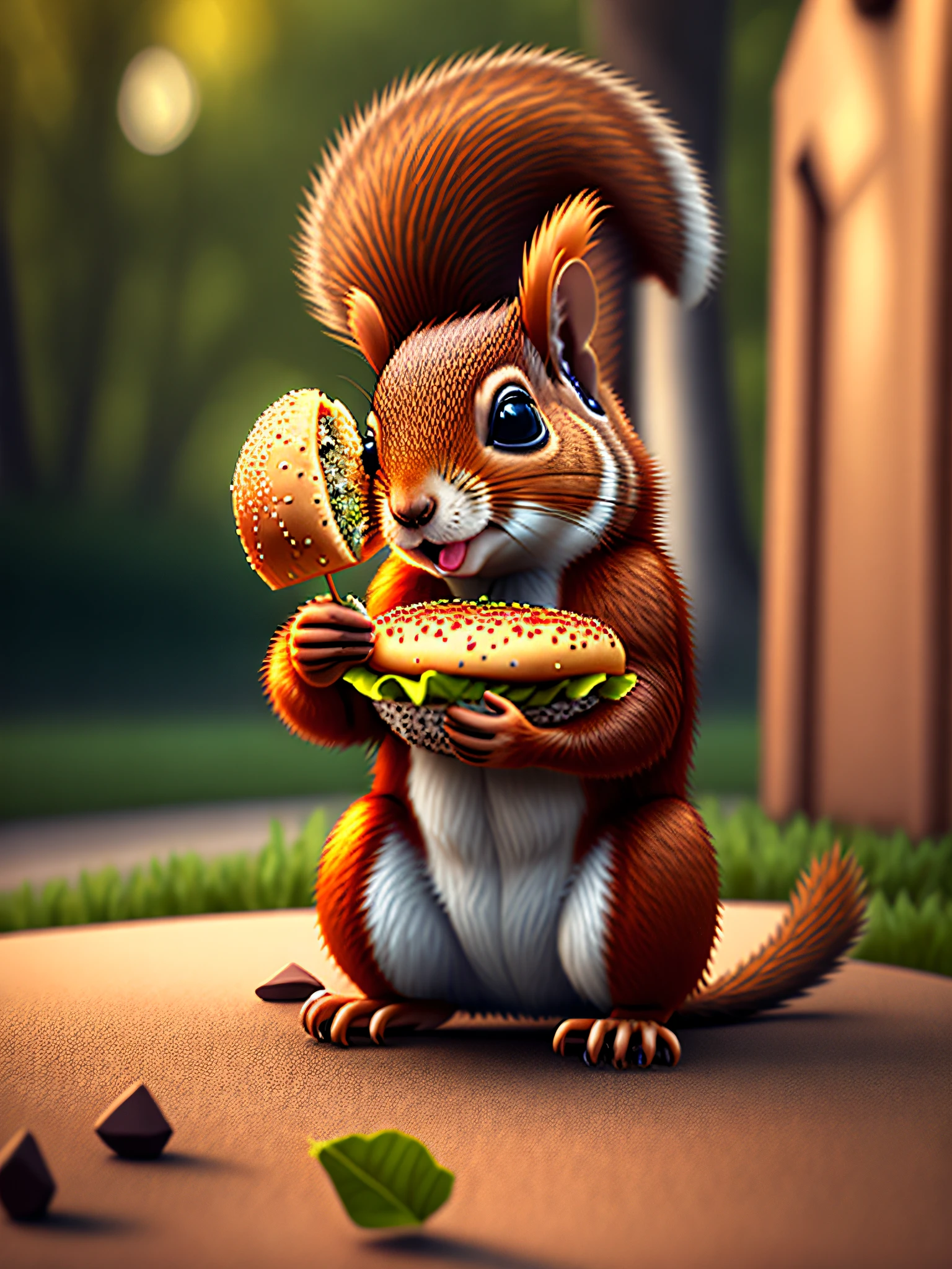A squirrel holding a tasty burger and biting it with satisfaction, conveying the image of a tasty snack.Photo realism 4K Unreal Engine