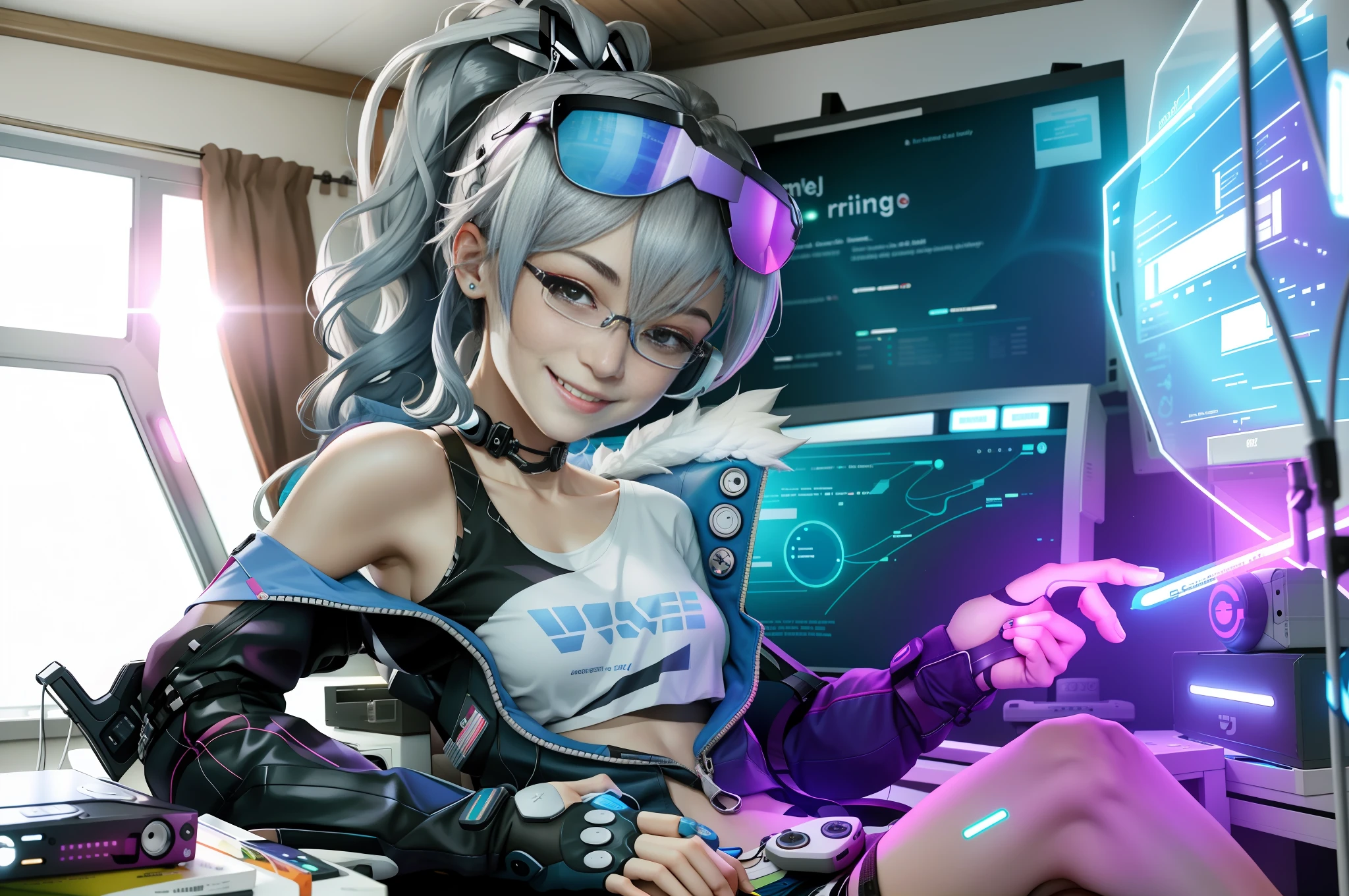 geek girl in white shirt sitting in gaming chair, smile, holding gamepad, glowing screen, ponytail, eyewear, bare shoulders, strap slip, room indoors, movie posters