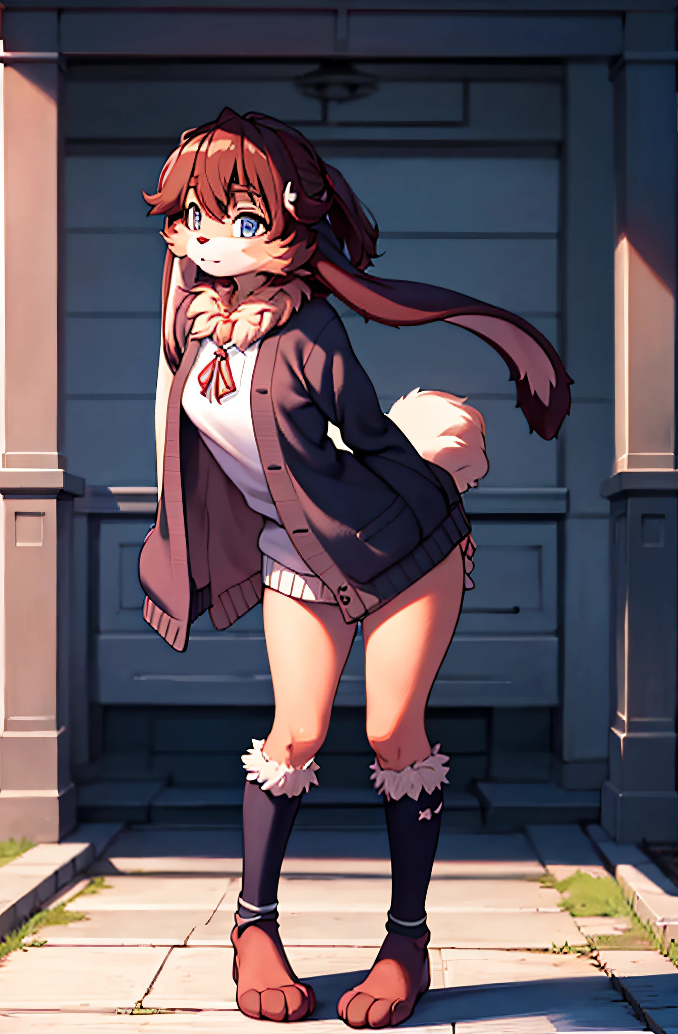 lop, masterpiece, best quality, solo, rabbit, long floppy ears, furry, fur, (detailed eyes:0.9), (detailed lighting, depth of field:0.9),lop rabbit, leaning forward, park, panorama, day, full body, Cardigan