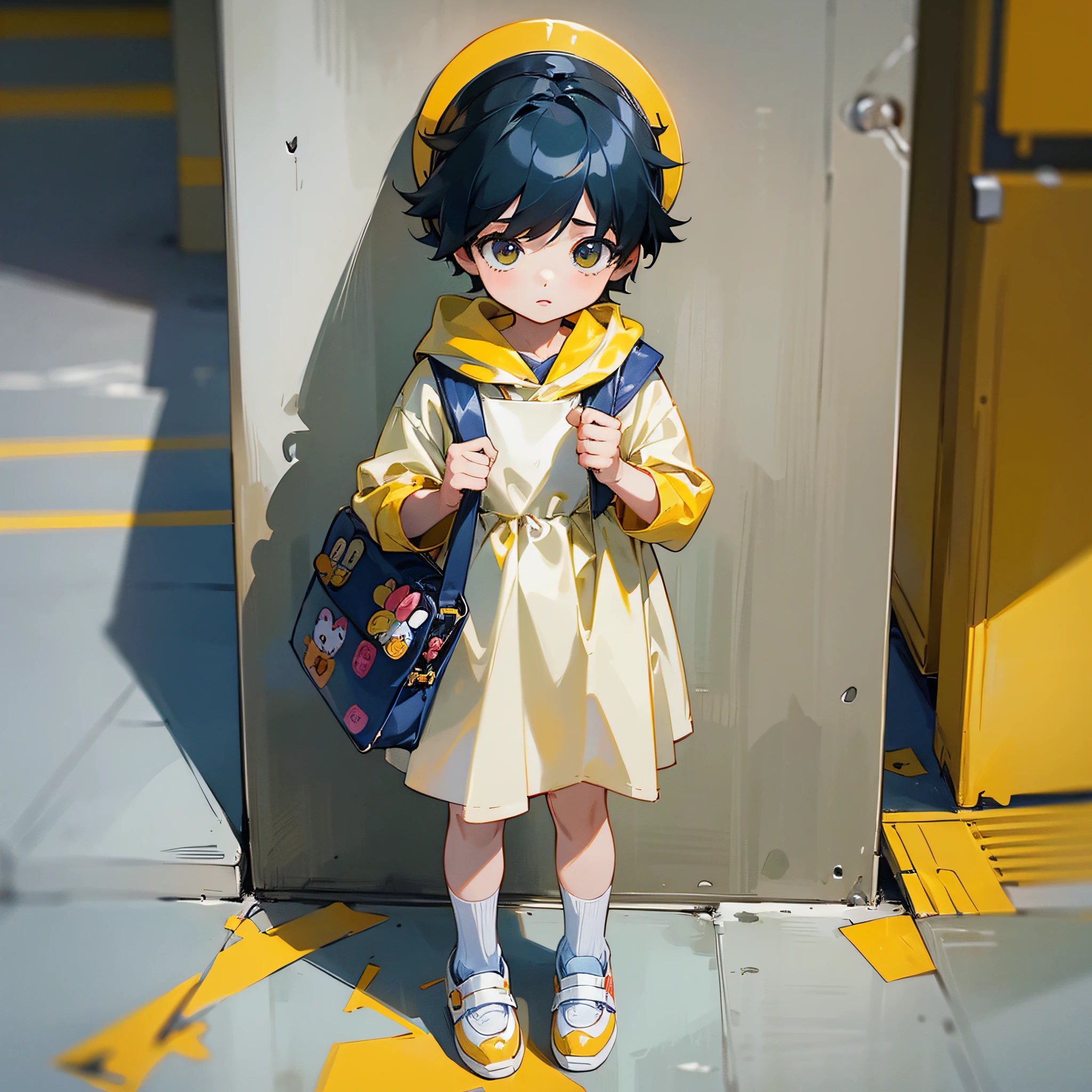 adorable, boy, kindergarten, yellow bag, ultra high definition, super high quality, angel-like, cute shoes, staring, child, --auto --s2