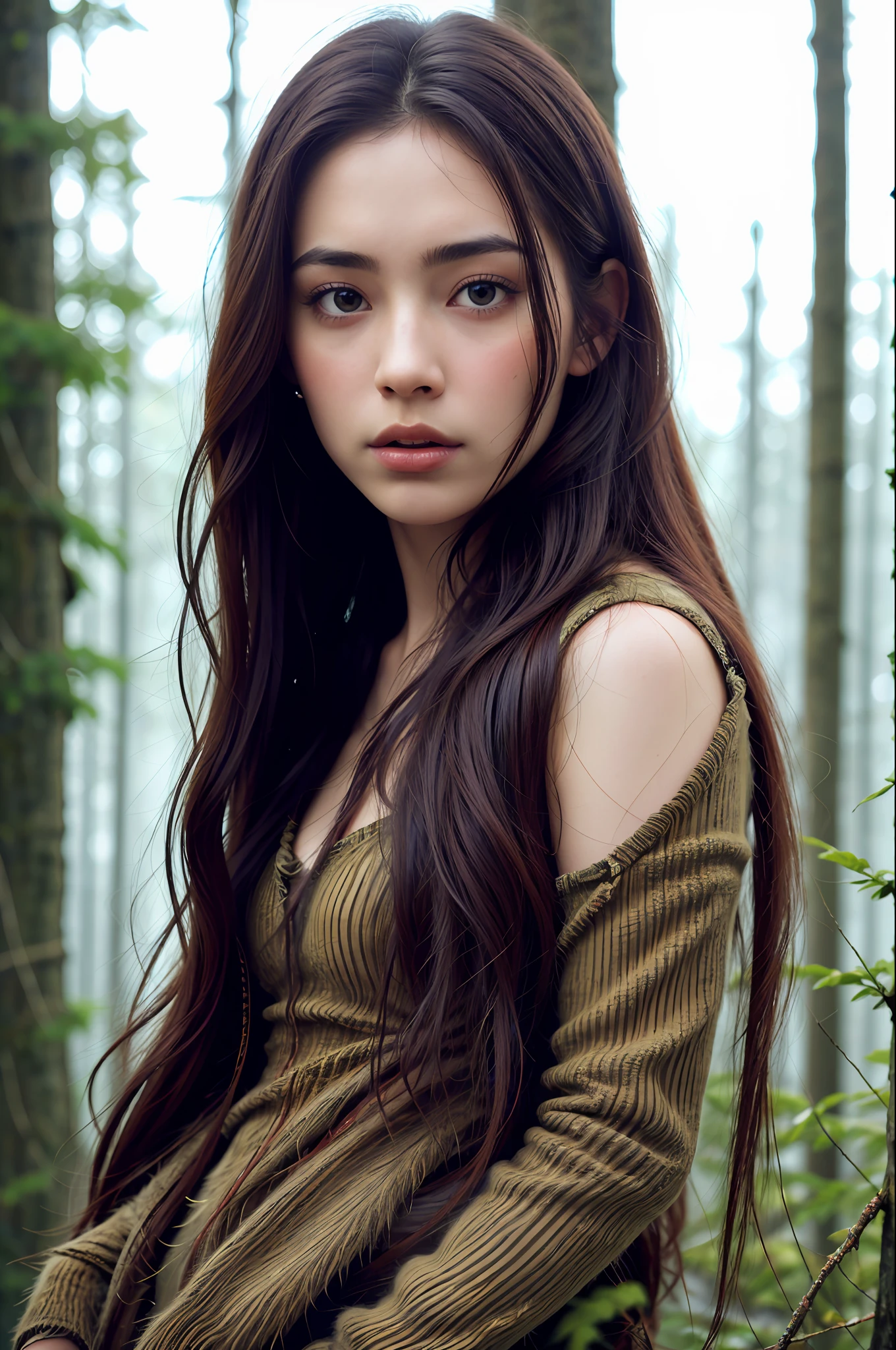 full body, portrait of beautiful women, looking over spruce forest, moody portrait, striking features, beauty, intricate details, dramatic composition, tension, wispy hair, contrast, texture, realism, high-quality rendering, stunning art, high quality, film grain, Fujifilm XT3, acne, blemishes, detailed skin, freckled