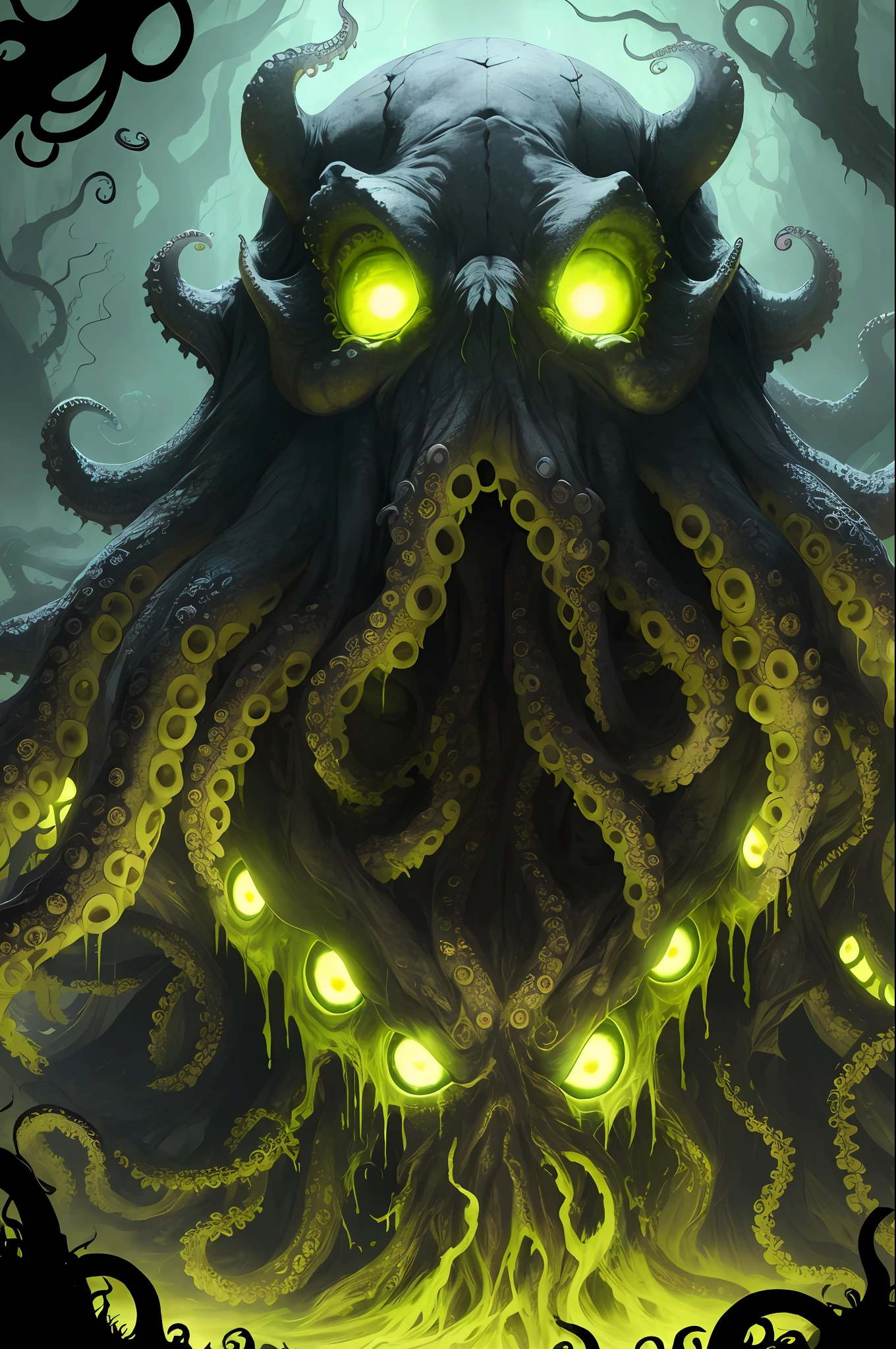 dark swamp dark yellow eldritch monster (skull face) rising out of the water moss slime vines (octopus tentacles:1.2) churning water fireflies midnight moonlight backlight (masterpiece:1.2) (illustration:1.2) (best quality) (detailed) (intricate) (8k) (HDR) (wallpaper) (cinematic lighting) (sharp focus)