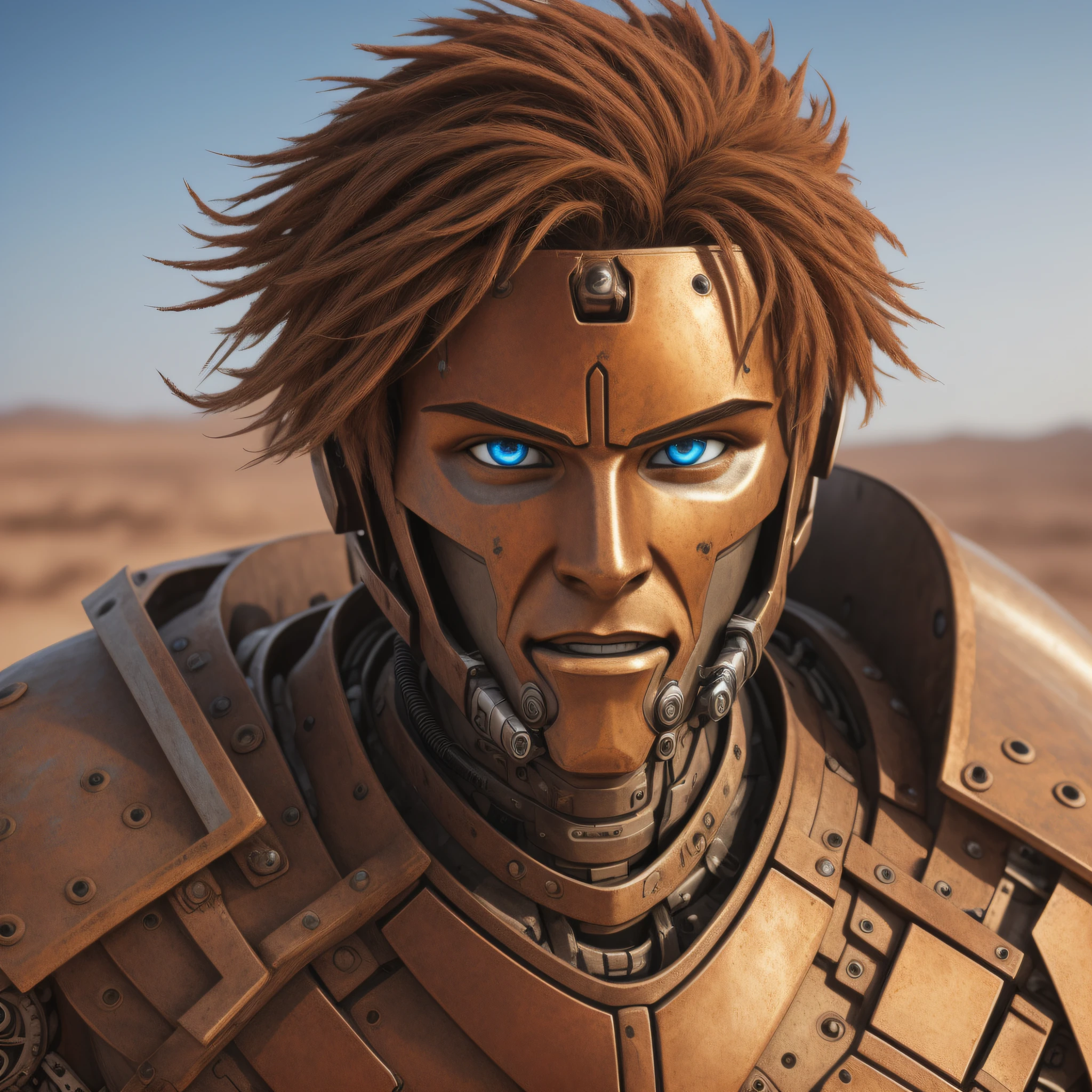 a mechanical cyborg male warrior, partially rusted armor, scorching heat, desert, [[[[closeup]]]], [[[[face]]], [[[[[neck]]], [[[[shoulders]]], perfect eyes, soft front light, brightness, HDR, very strong colors --auto --s2