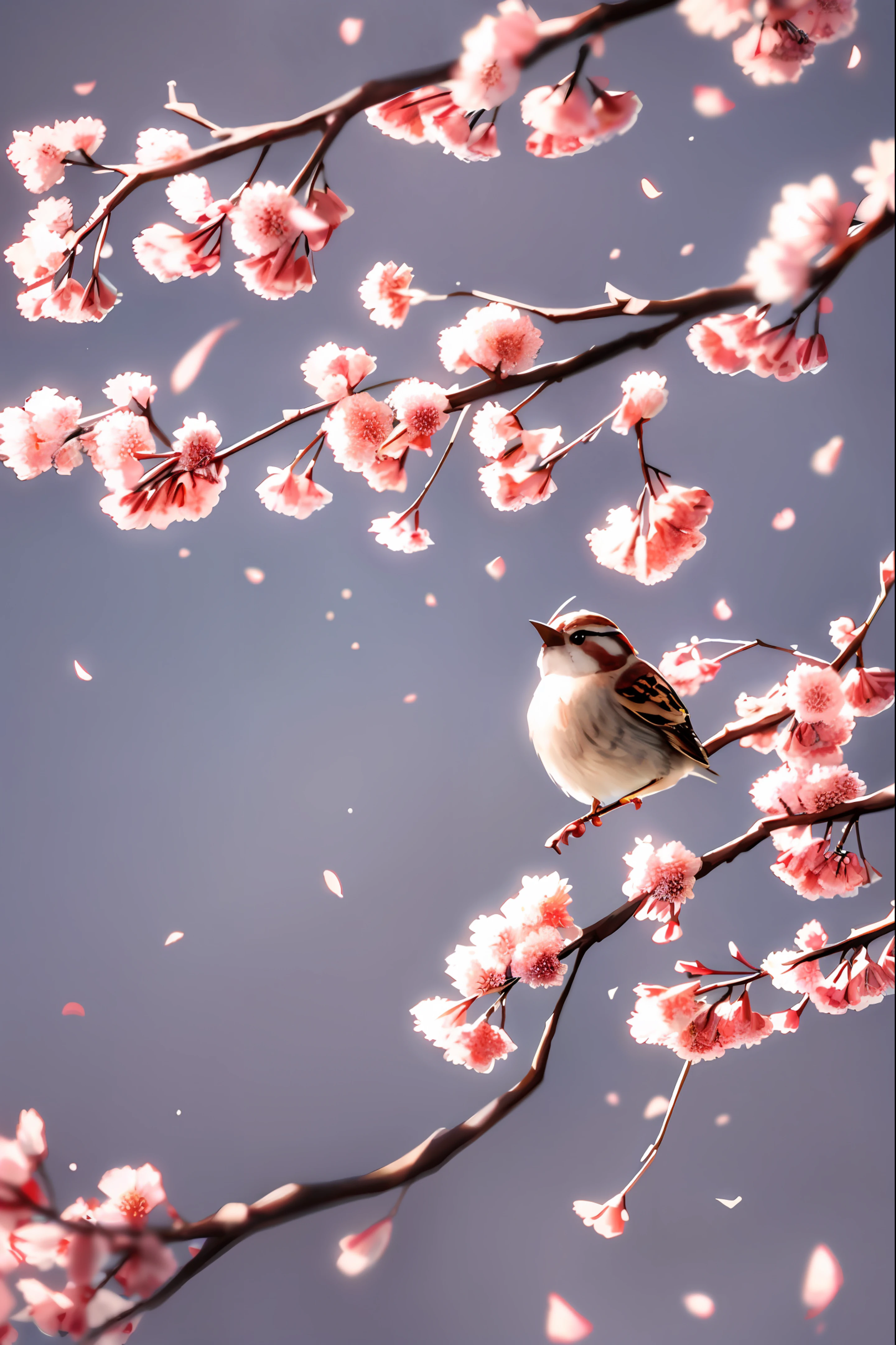 cute sparrow, (intricate detail, cherry tree branch), HDR, (complex detail, super detail: 1.2), cinematic shot, vignette, center