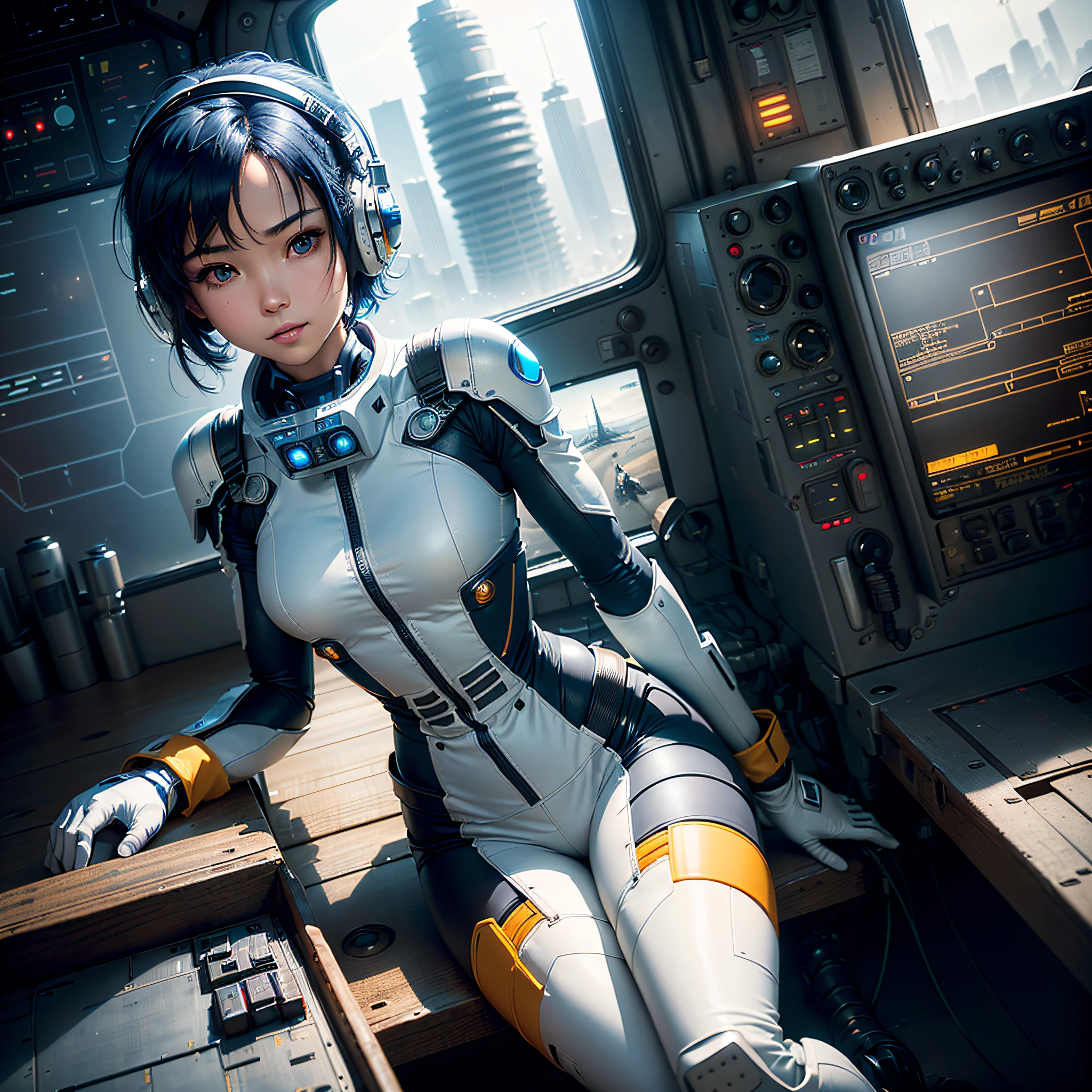 (masterpiece, highest quality, highest resolution, distinct_image, very elaborate CG, cinematic lighting, ray tracing, drop shadows, detailed detail, (photorealistic: 1.4), high quality textures, fine-grained, realistic face expression): (lone girl, face is Japan, short blue hair, small size breasts, sparkling eyes, Eye level shot, pilot suit in white and blue colors, tight fit clothes, clothes covering the whole body, light smile, beauty, slim body, exoskeleton, heroine, headset, long boots, gloves, riding in a forward-leaning position in the cockpit of a large robot and maneuvering with a control stick, control panel, tools, safety equipment, radar display, touch panel, various indicators, cockpit, Levers, computer keyboard, indicators, warning lights, fuel gauges, pressure gauges, control tower outside the window, large levers, foot access pedals, brake pedals, thick manuals, and another robot visible outside the window)