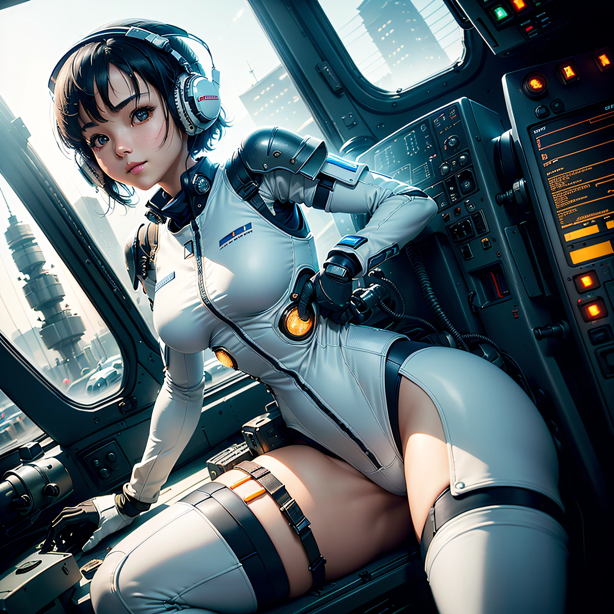 (masterpiece, highest quality, highest resolution, distinct_image, very elaborate CG, cinematic lighting, ray tracing, drop shadows, detailed detail, (photorealistic: 1.4), high quality textures, fine-grained, realistic face expression): (lone girl, face is Japan, short blue hair, small size breasts, sparkling eyes, Eye level shot, pilot suit in white and blue colors, tight fit clothes, clothes covering the whole body, light smile, beauty, slim body, exoskeleton, heroine, headset, long boots, gloves, riding in a forward-leaning position in the cockpit of a large robot and maneuvering with a control stick, control panel, tools, safety equipment, radar display, touch panel, various indicators, cockpit, Levers, computer keyboard, indicators, warning lights, fuel gauges, pressure gauges, control tower outside the window, large levers, foot access pedals, brake pedals, thick manuals, and another robot visible outside the window)
