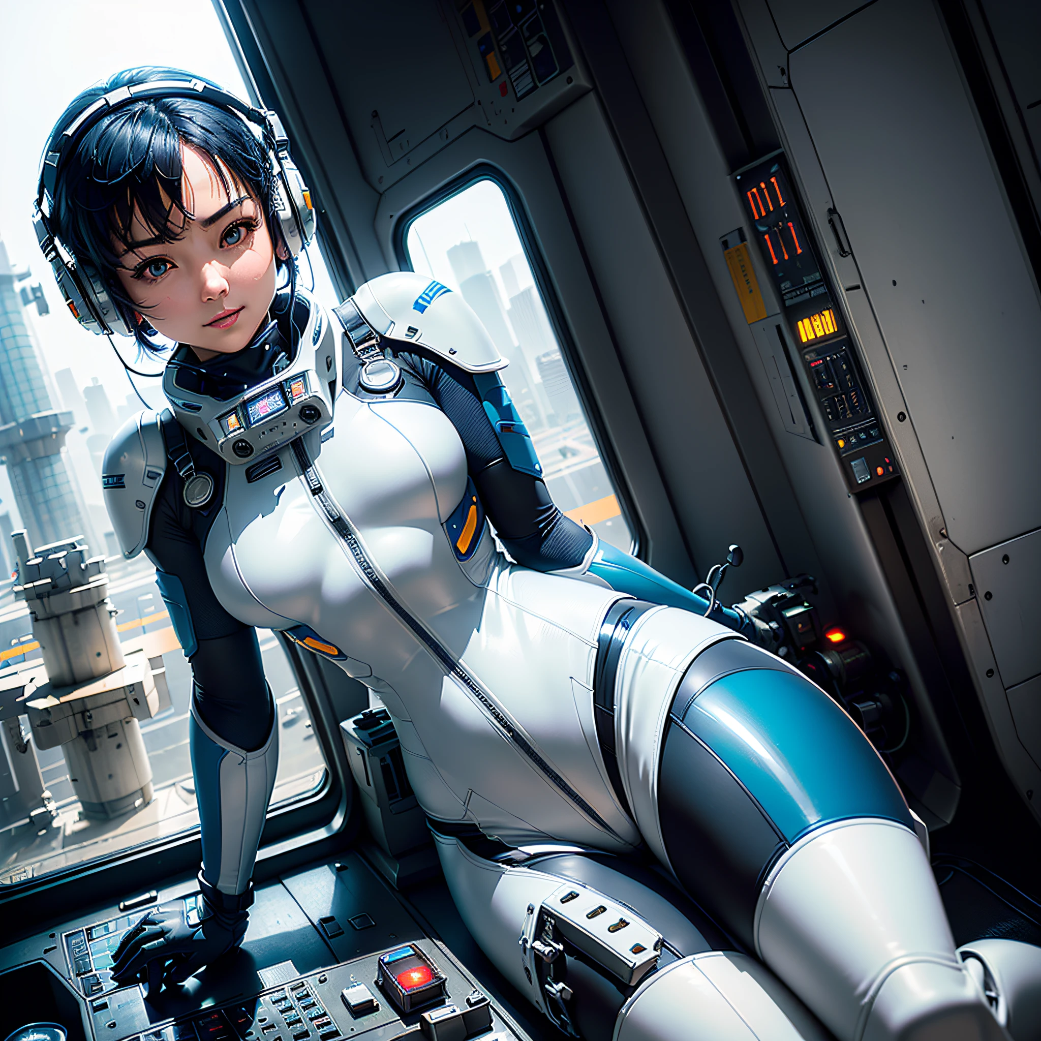 (masterpiece, highest quality, highest resolution, distinct_image, very elaborate CG, cinematic lighting, ray tracing, drop shadows, detailed detail, (photorealistic: 1.4), high quality textures, fine-grained, realistic face expression): (lone girl, face is Japan, short blue hair, small size breasts, sparkling eyes, Eye level shot, pilot suit in white and blue colors, tight fit clothes, clothes covering the whole body, light smile, beauty, slim body, exoskeleton, heroine, headset, long boots, gloves, riding in a forward-leaning position in the cockpit of a large robot and maneuvering with a control stick, control panel, tools, safety equipment, radar display, touch panel, various indicators, cockpit, Levers, computer keyboard, indicators, warning lights, fuel gauges, pressure gauges, control tower outside the window, large levers, foot access pedals, brake pedals, thick manuals, and another robot visible outside the window)