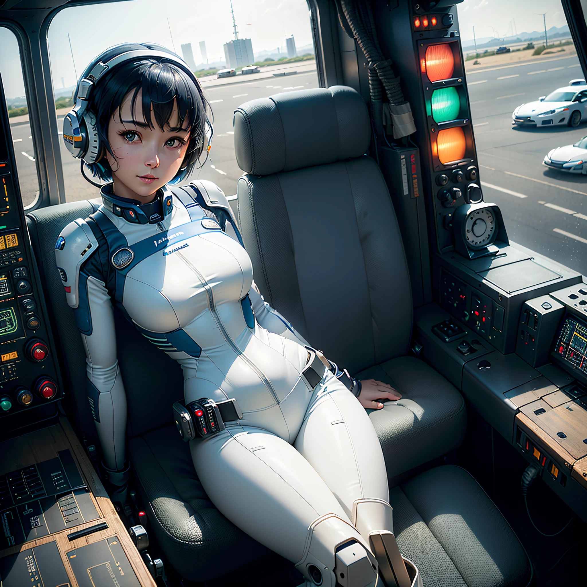 (masterpiece, highest quality, highest resolution, distinct_image, very elaborate CG, cinematic lighting, ray tracing, drop shadows, detailed detail, (photorealistic: 1.4), high quality textures, fine-grained, realistic face expression): (lone girl, face is Japan, short blue hair, small size breasts, sparkling eyes, Eye level shot, pilot suit in white and blue colors, tight fit clothes, clothes covering the whole body, light smile, beauty, slim body, exoskeleton, heroine, headset, long boots, gloves, riding in a forward-leaning position in the cockpit of a large robot and maneuvering with a control stick, control panel, tools, safety equipment, radar display, touch panel, various indicators, cockpit, Levers, computer keyboard, indicators, warning lights, fuel gauges, pressure gauges, control tower outside the window, large levers, foot access pedals, brake pedals, thick manuals, and another robot visible outside the window)