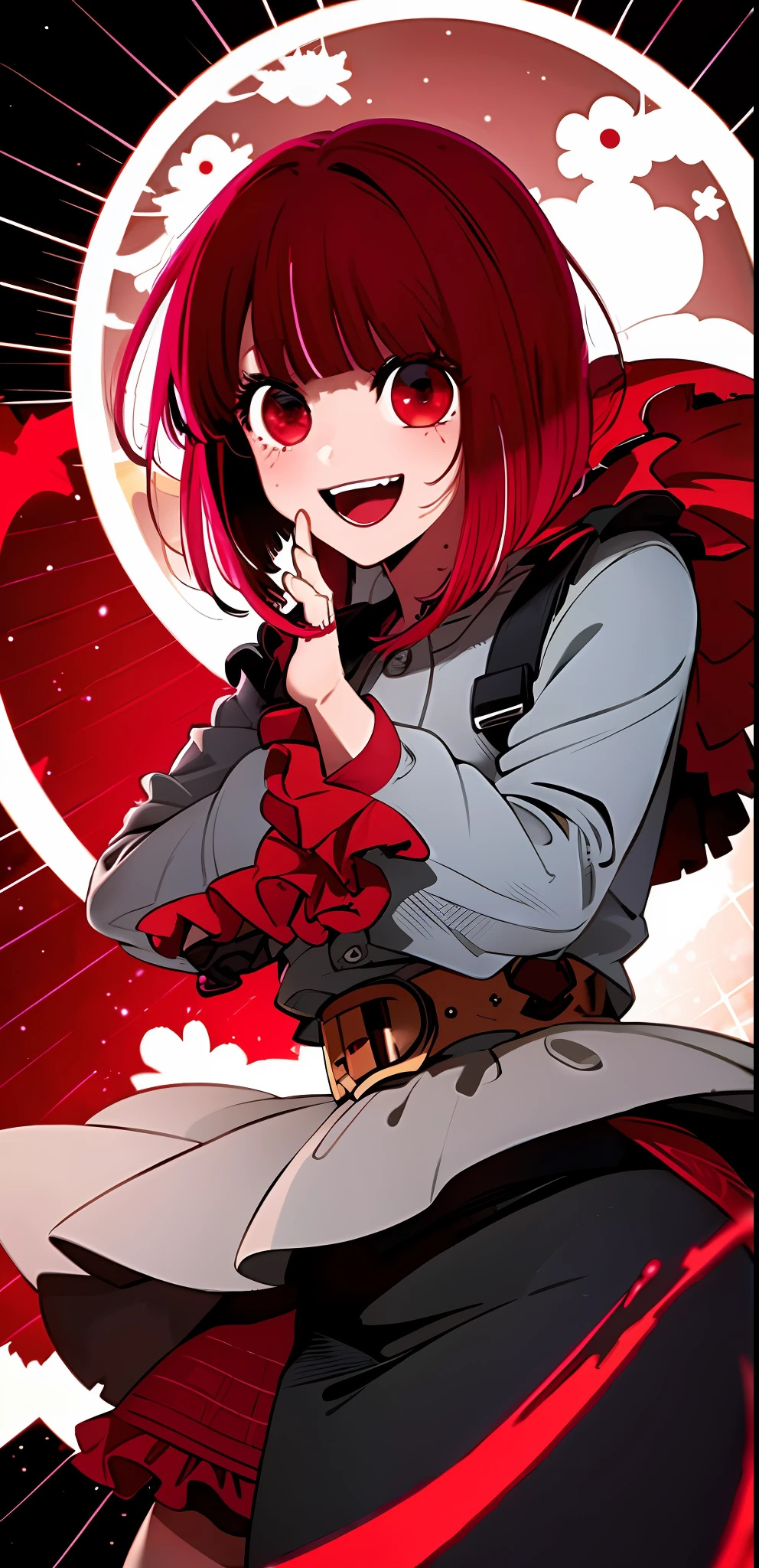 original character , 1girl, (crazy smile:1.2) ,  red hair , bangs , crazy eyes , hands on face , blood splatter on face , red and black color scheme, open mouth, (wide-eyed:1.2), glowing eyes