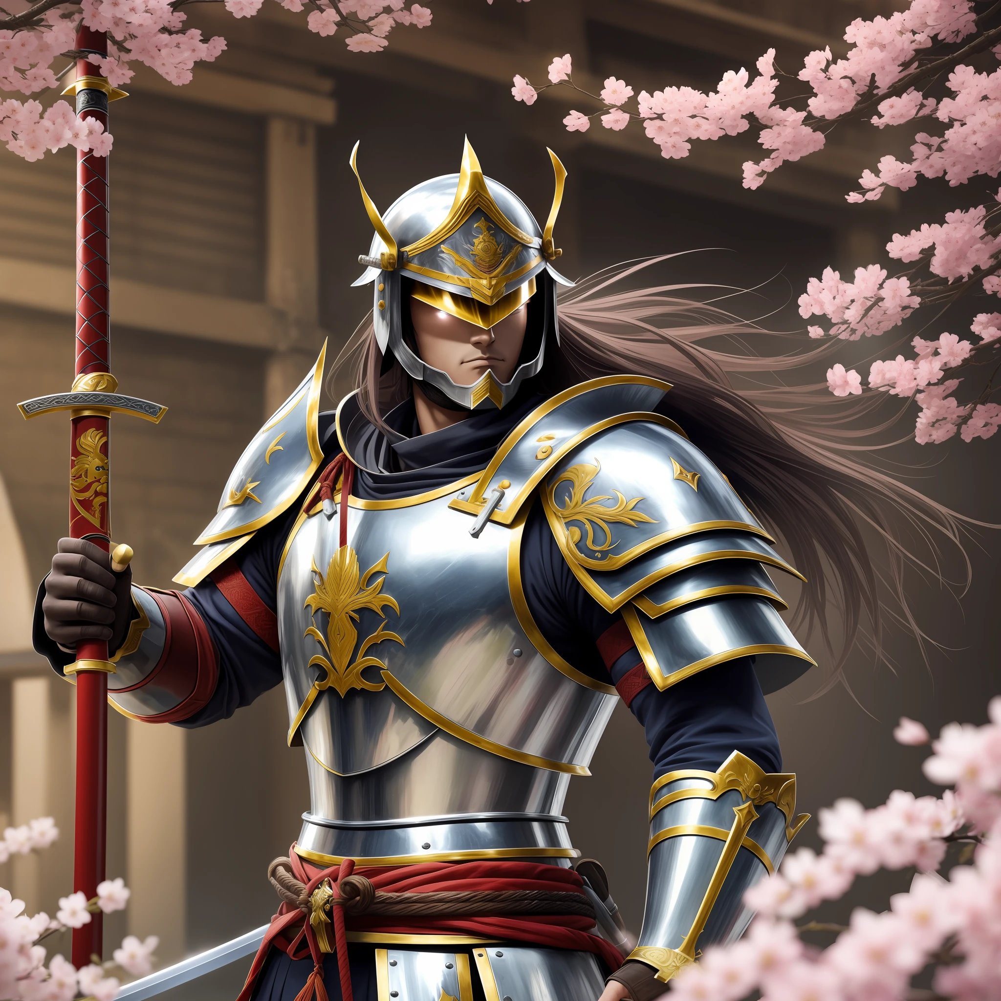 (detailed and high-quality anime-style),(a warrior who combines both Spanish Knight armor and Japanese Samurai sword),(epic),dynamic pose,dual-wielding swords,armor shining in the sun,wind blowing through the hair,(Spanish-Knight-style helmet),[ :(cherry blossom, samurai spirit,~Japanese lantern~):1.2/(European architecture, knightly virtues, Spain scenery):0.9]. --auto --s2