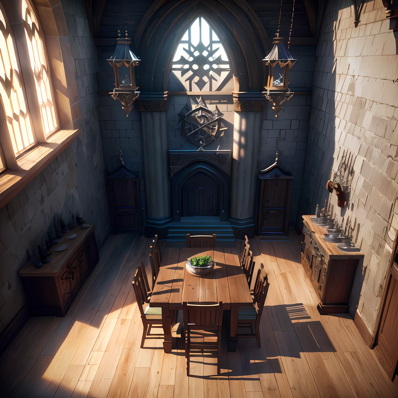 Equipped kitchen in the background. Table in the center of the room with 4 chairs around. Hyper detailed and realistic image. 4K