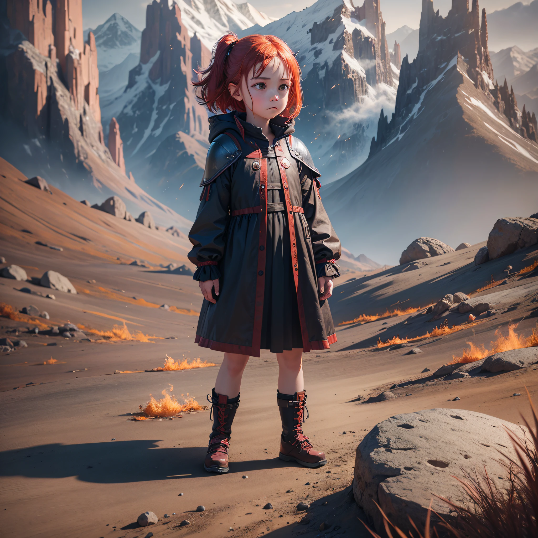  girl standing concentrating with an aura around, mountain, dress, 5 years, realistic, red hair, realistic,8k, unreal engine 5, magic in the hands, fire particles, --auto --s2