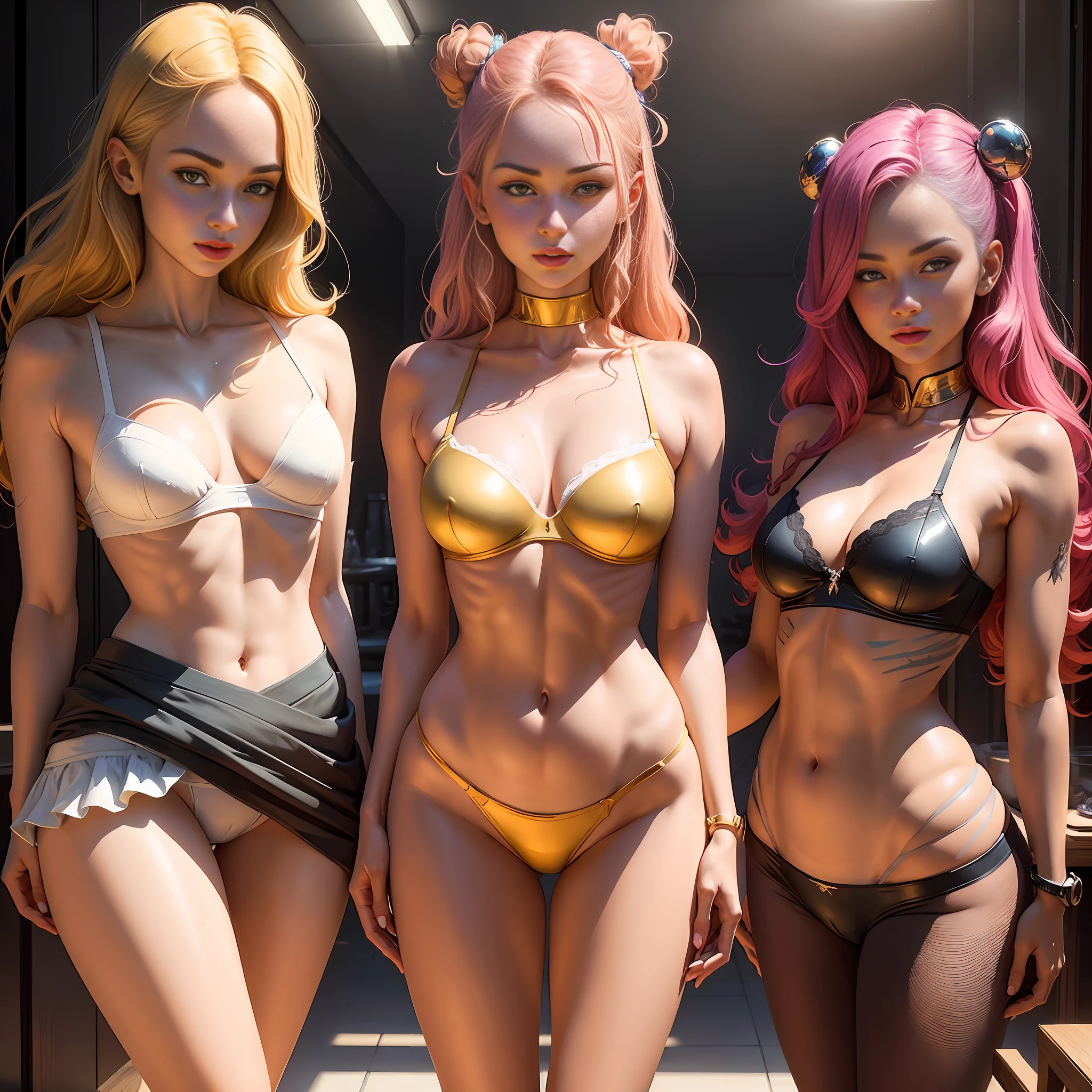 "Women with seductive looks without panties and bra, a lot of milk being poured all over the bust, in provocative and illuminated environment, details of the bodies in ultra-definition, saturated colors, seductive pose."