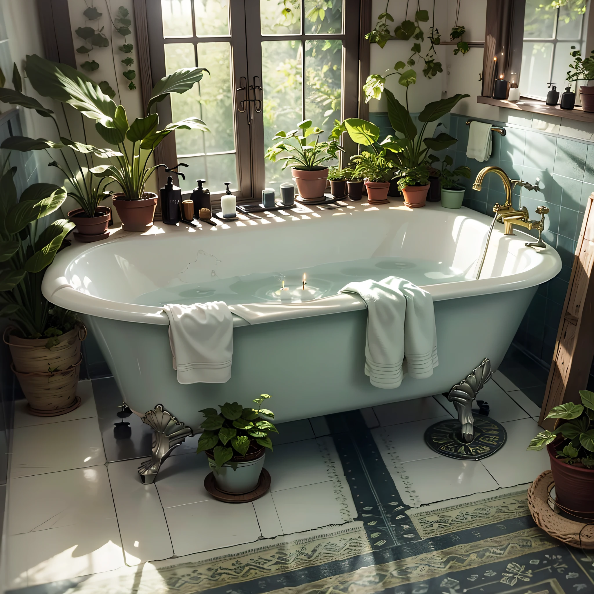 a bathtub with candles and lots of plants in the bathroom