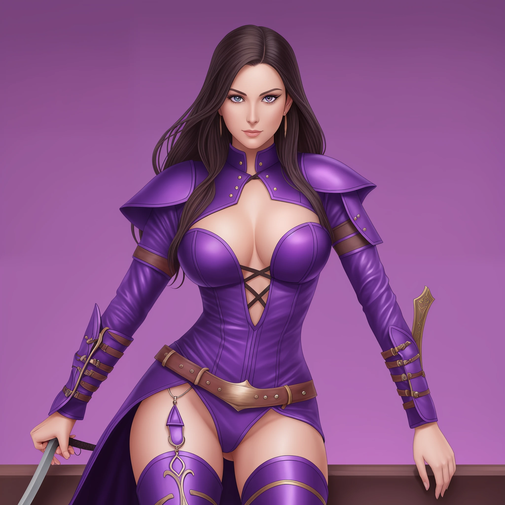 Sensual woman resembling Margo Robert, drawing style of J S Campbell holding a sword in each hand with leather clothing glued on, picture background a purple and blue light --auto --s2