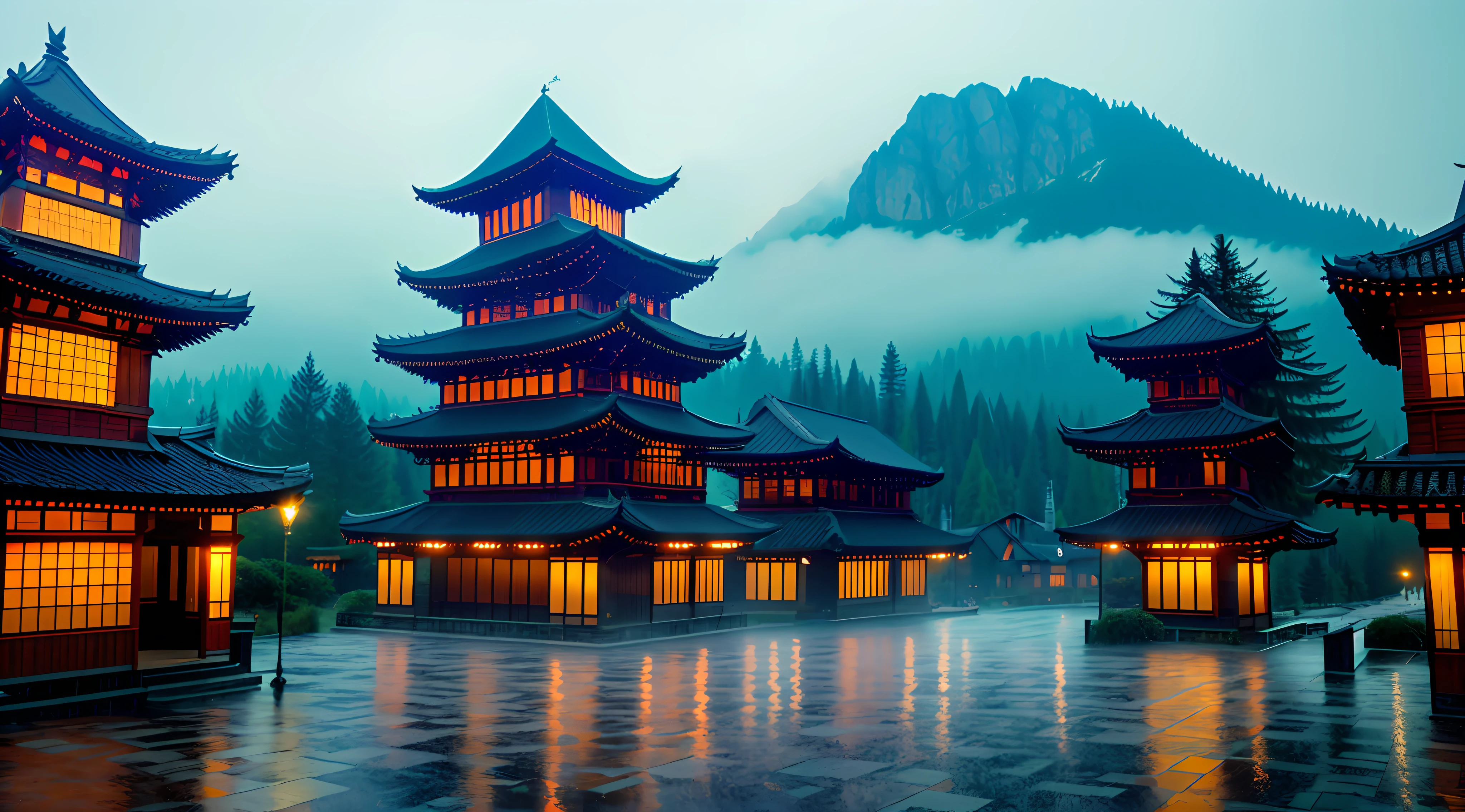 only a single roof, this being the last upper roof of the building. Telling in the same style as the neighboring buildings. Sky and horizon in the background