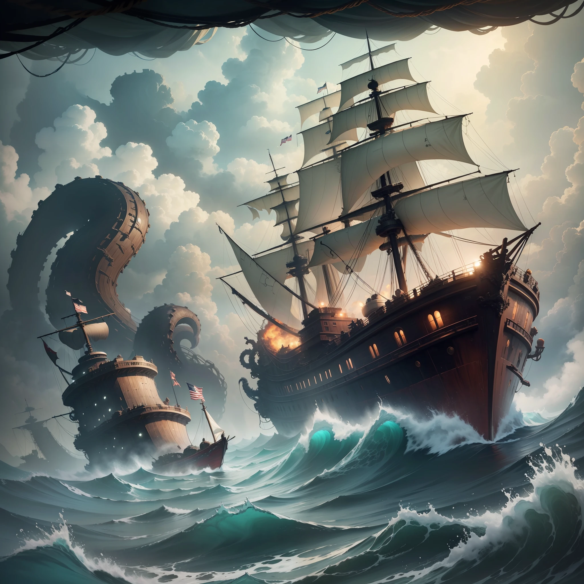 "A ship is being grabbed by a kraken on the high seas. Its tentacles are wrapping tightly around the hull and deck as the vessel swings violently in the water as desperate sailors try to get rid of the tentacles under deck. The shadows create a climate of suspense and imminent danger. The scene is dramatic and well detailed, with realistic textures and a well-chosen color palette. The atmosphere is intensified by the presence of a dense, dark haze in the background."