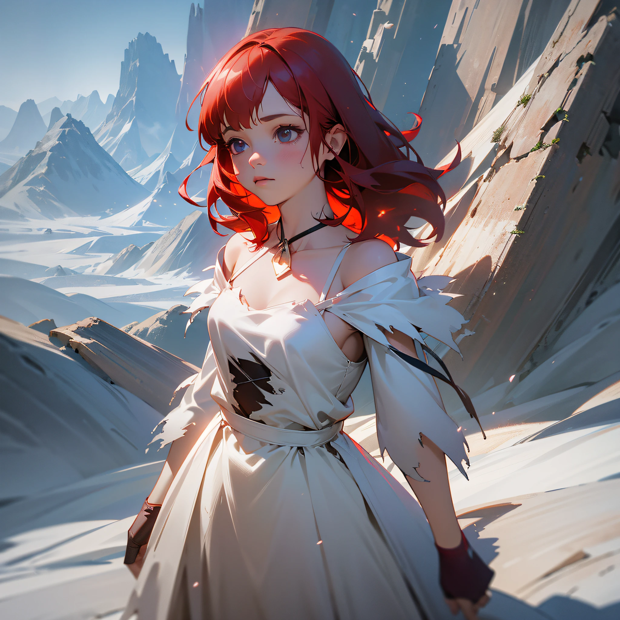 Little girl standing with an aura around, mountain, torn white dress, neckline, 5 years, realistic, red hair, realistic,8k, unreal engine 5, magic in the hands, particles --auto --s2