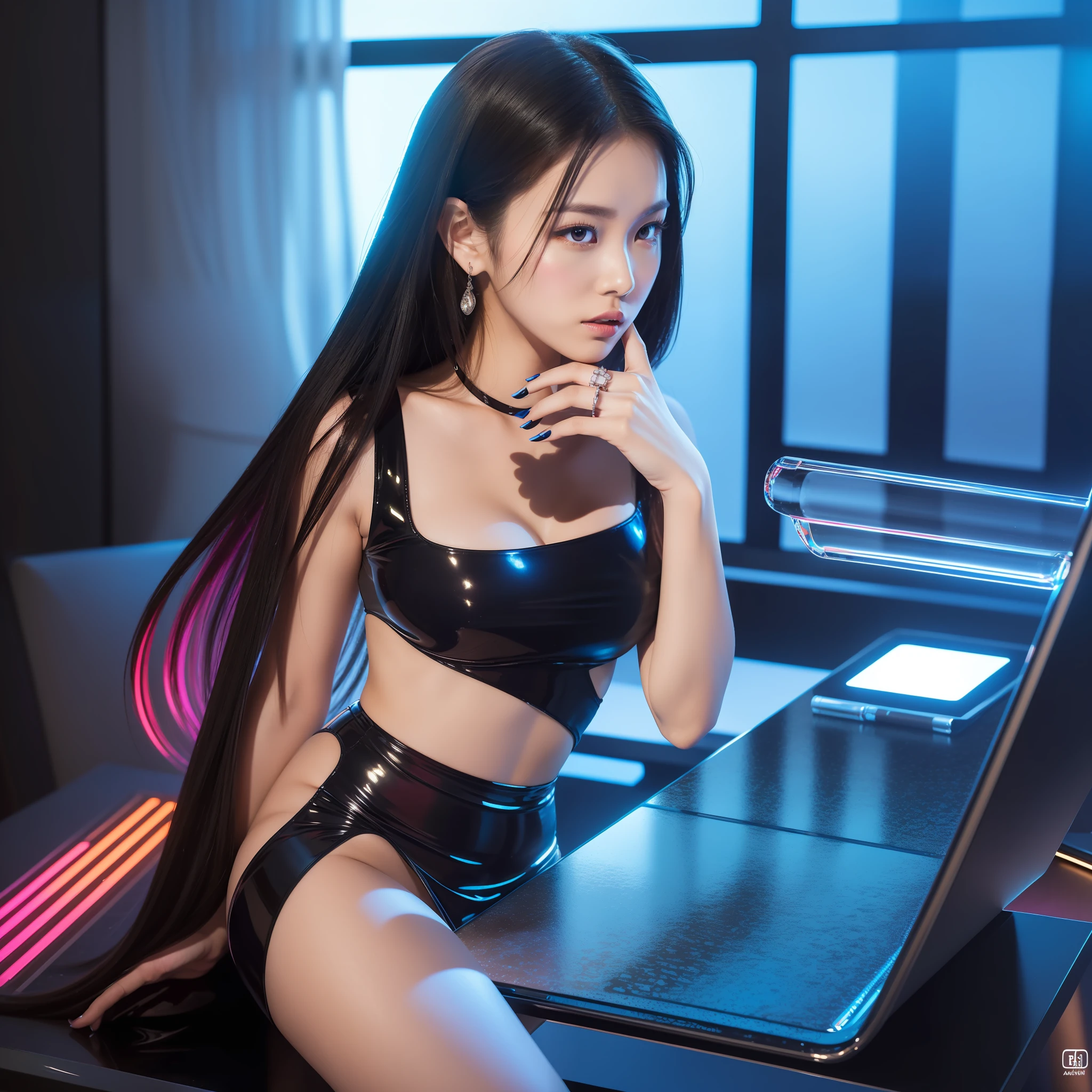 (Digital Art, Ultra HD, Ultra Detail Painting), (High Contrast), ( Asian Beauty) Neon lights shining on the body, neo light background, (Large rings and long straight black hair) to create a sharp contrast, (Night window) Add mystery, (Blue extra-long sexy transparent dress) Highlight the curves of the figure, (Laptop and coffee cup and vase) Create an intimate and free atmosphere, (4K quality) Show every detail.