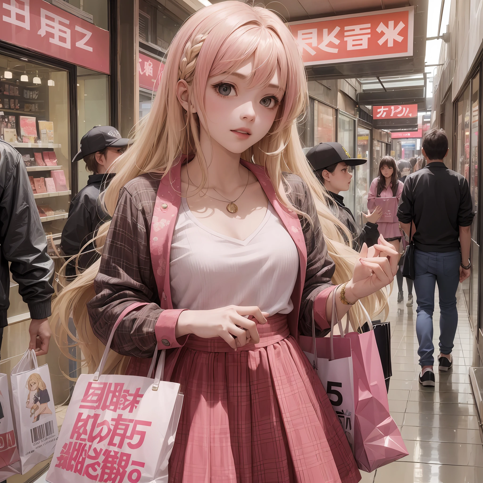 A gorgeous girl, with intricate blonde hair highlighted in pink streaks, is busy shopping in Shibuya, donning trendy clothes, and carrying multiple shopping bags. a lot of clothing stores in the background with mannequins and displayed outfits --auto --s2