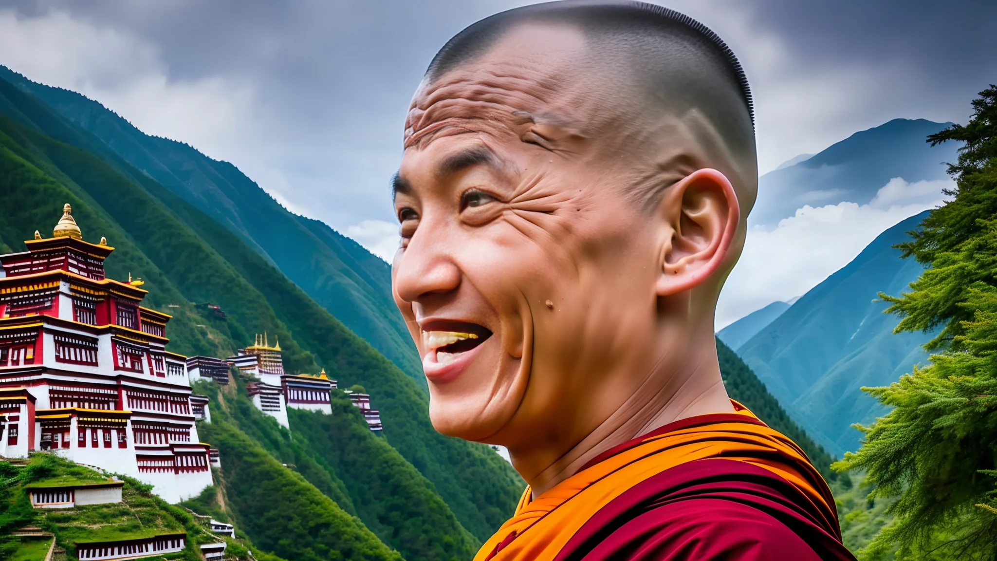 ((a bald Tibetan monk laughing))