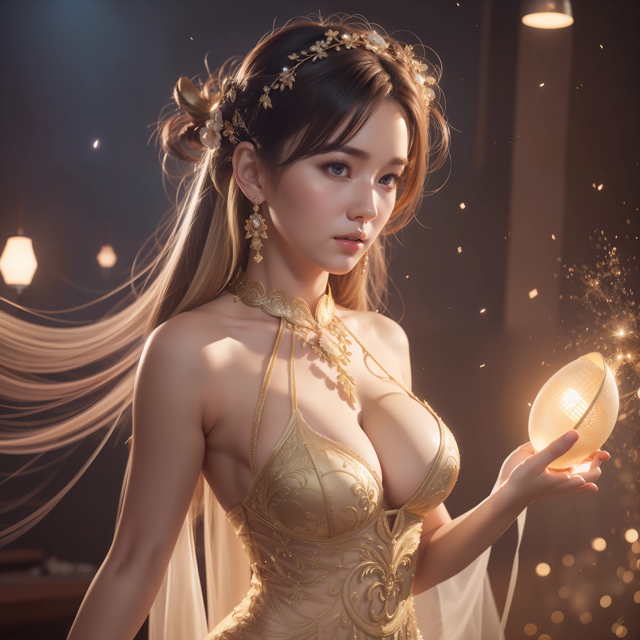 23 years old goddess, perfect body,busty, long sexy dress, epic rendering, octane, atmosphere, particles, soft volumetric lamp, (backlight: 1.3), (movie: 1.3), intricate details, (art station: 1.3)