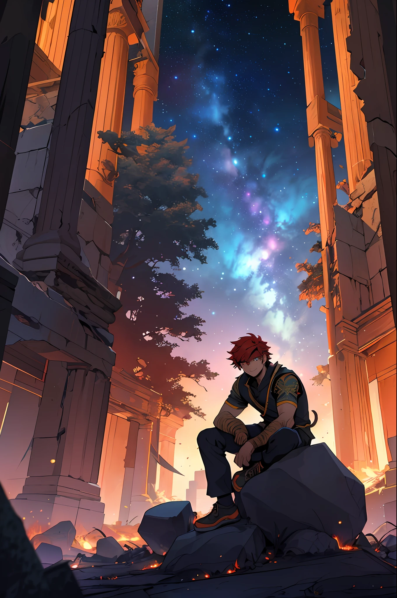 Draw a young programmer sitting on a stone in the middle of the ruins of a sacred temple. He, surrounded by fire destruction. The dramatic illumination of distant stars and planets illuminates the scene, casting deep shadows on the costume. The young man looks confident and determined, looking at the vast and mysterious universe with admiration and respect, red hair, tiger eyes,