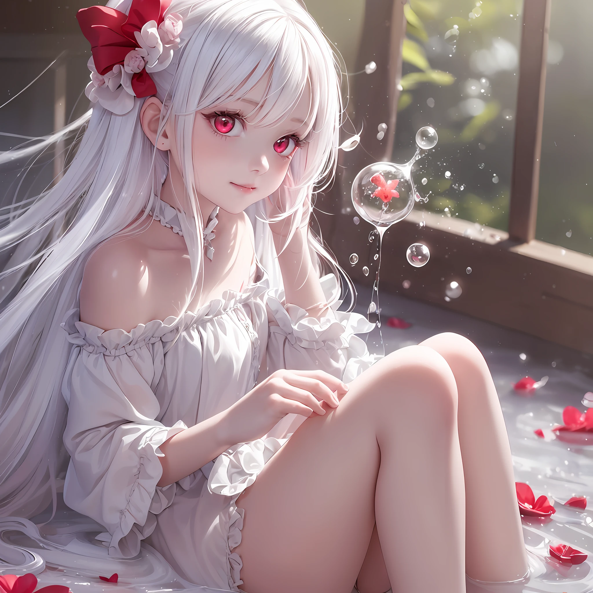 A young girl slowly floating in the milk, holding pale pink bubbles in her hand symbolizes innocence and childlikeness. Her pure white hair fluttered in the milk, and through the surface of the milk, her stunning red eyes and her bright smile could be seen. (white hair:1.2+red eyes:1.2) --auto --s2