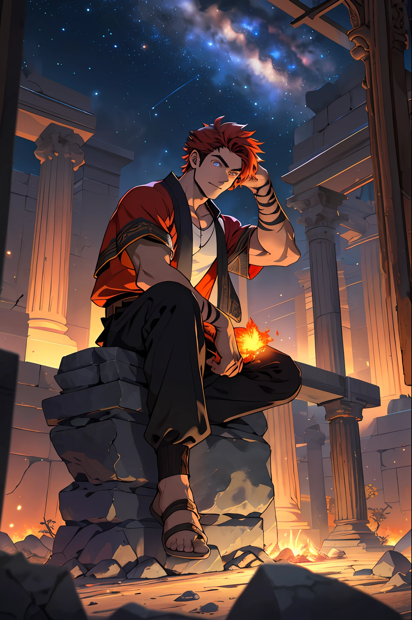 Draw a young programmer sitting on a stone in the middle of the ruins of a sacred temple. He, surrounded by fire destruction. The dramatic illumination of distant stars and planets illuminates the scene, casting deep shadows on the costume. The young man looks confident and determined, looking at the vast and mysterious universe with admiration and respect, red hair, tiger eyes,