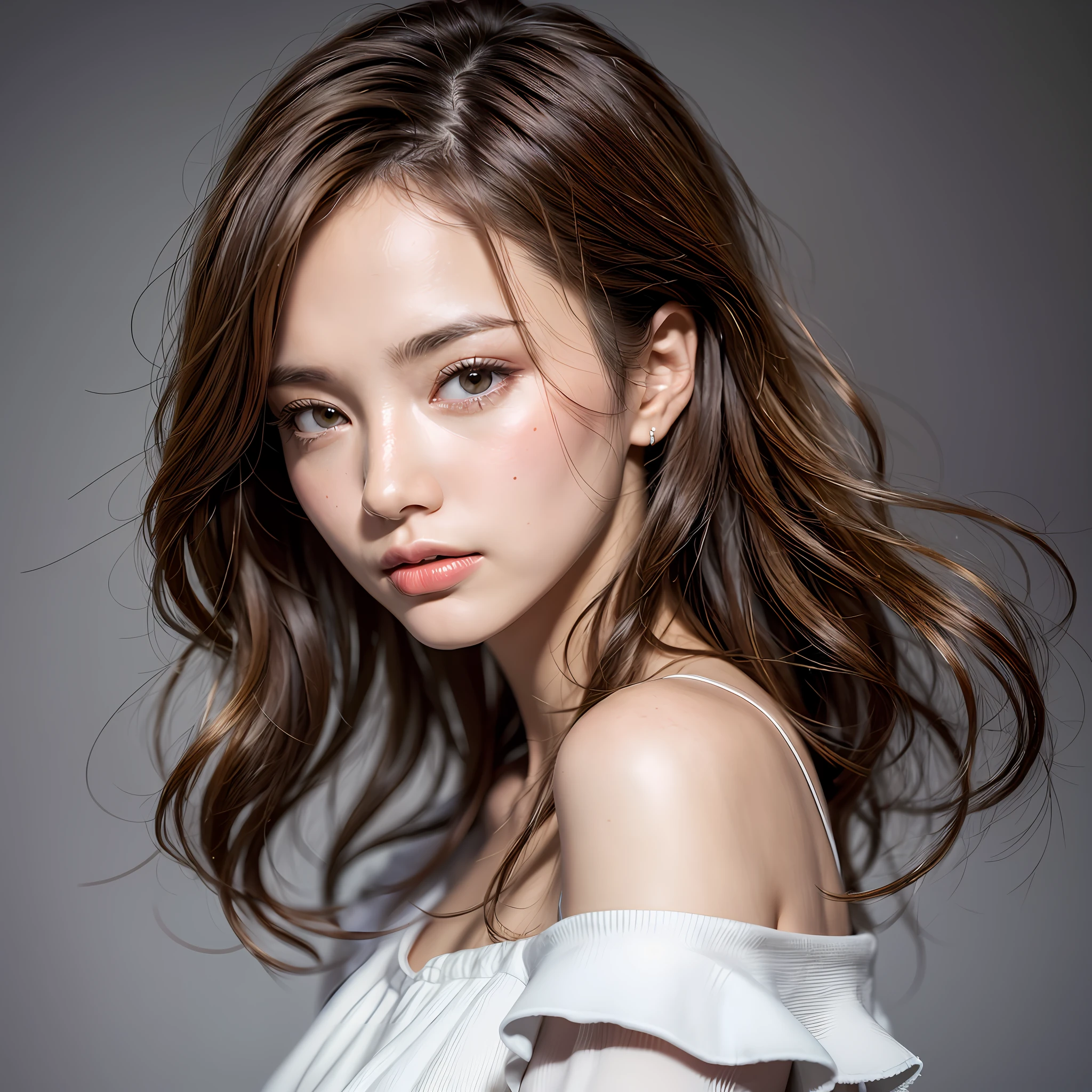 Realistic, super detailed, beautiful, slender, cute, 30s, beautiful face, actress, mature, upper body, light brown hair, thin hair, small face, live-action, masterpiece, top quality, very elaborate CG Unity 8K wallpaper, super high resolution, natural fashion, lighting, summer fashion, bob hair, (puffy eyes), model body shape, watch viewer, turn around pose, high tone hair, Model pose, studio shoot, indoors, white background, delicate skin type, light curly hair, hands around mouth, neat clothes, hair model shoot, hair fluttering in the wind, transparent hair, fine fine hair, wet hair, fine skin, bright photo