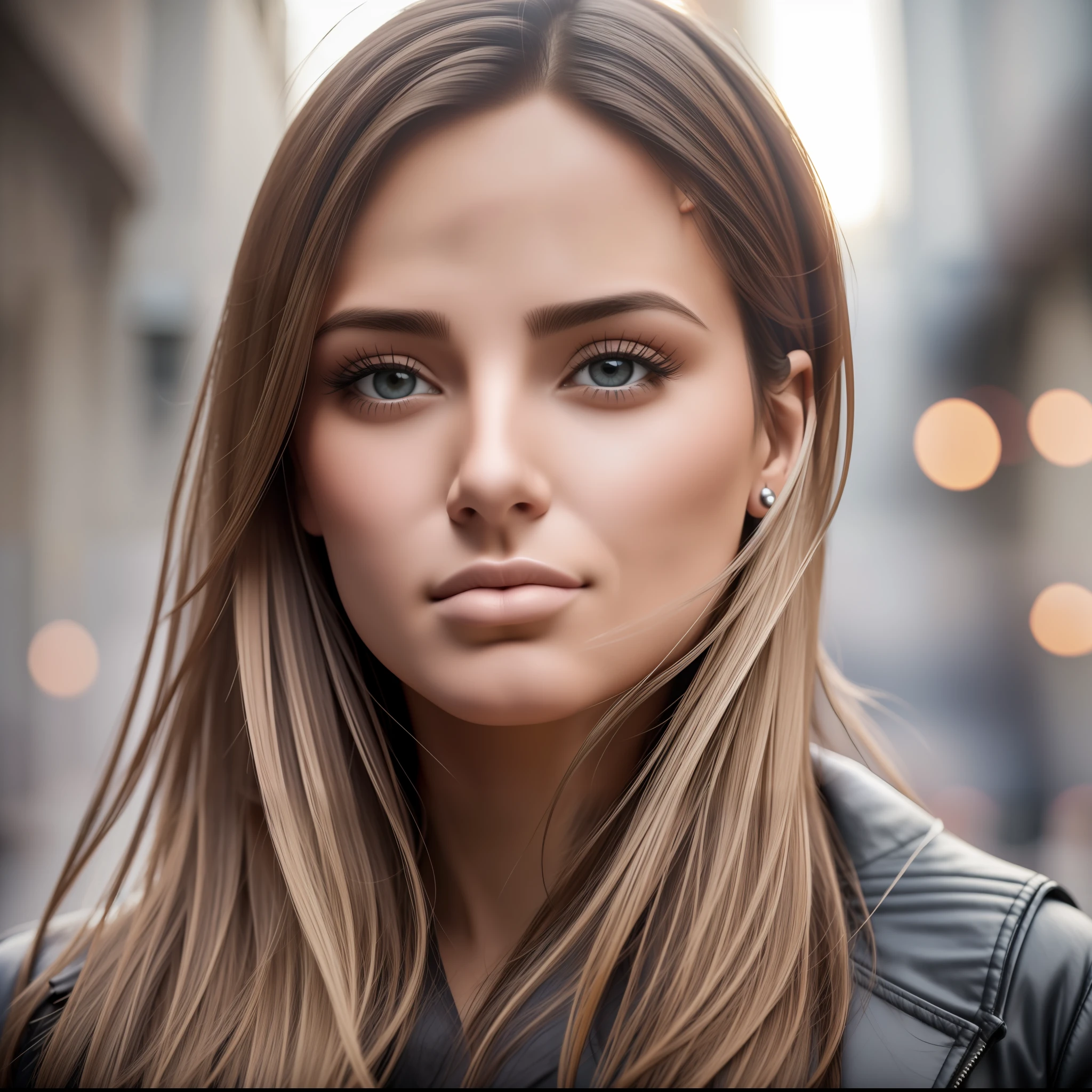 Closeup shot, Woman standing on the street with medium breasts, straight eyes, straight nose, straight and closed mouth, fleshy mouth, ultra realistic photo with great details, portrait of woman standing on the street, perfect lighting, DSRL, 4k, rich in details in face, eyes, mouth, nose and hair, masterpiece. --auto --s2