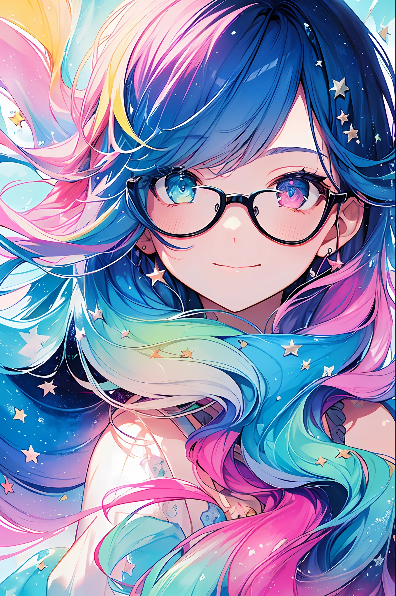 (Masterpiece, Top Quality, Best Quality, Watercolor (Medium), Official Art, Beautiful and Aesthetic: 1.2), (1 Girl: 1.3), (Fractal Art: 1.3), Upper Body, Sideways, Watching the Viewer, Pattern, (Iridescent Hair, Colorful Hair, Half Blue and Half Pink Hair: 1.2), Water, Liquid, Clouds, Colorful, Starry Sky, Stars, Smile, Glasses, Close Up, Heterochromia, (Colorful: 1.5)