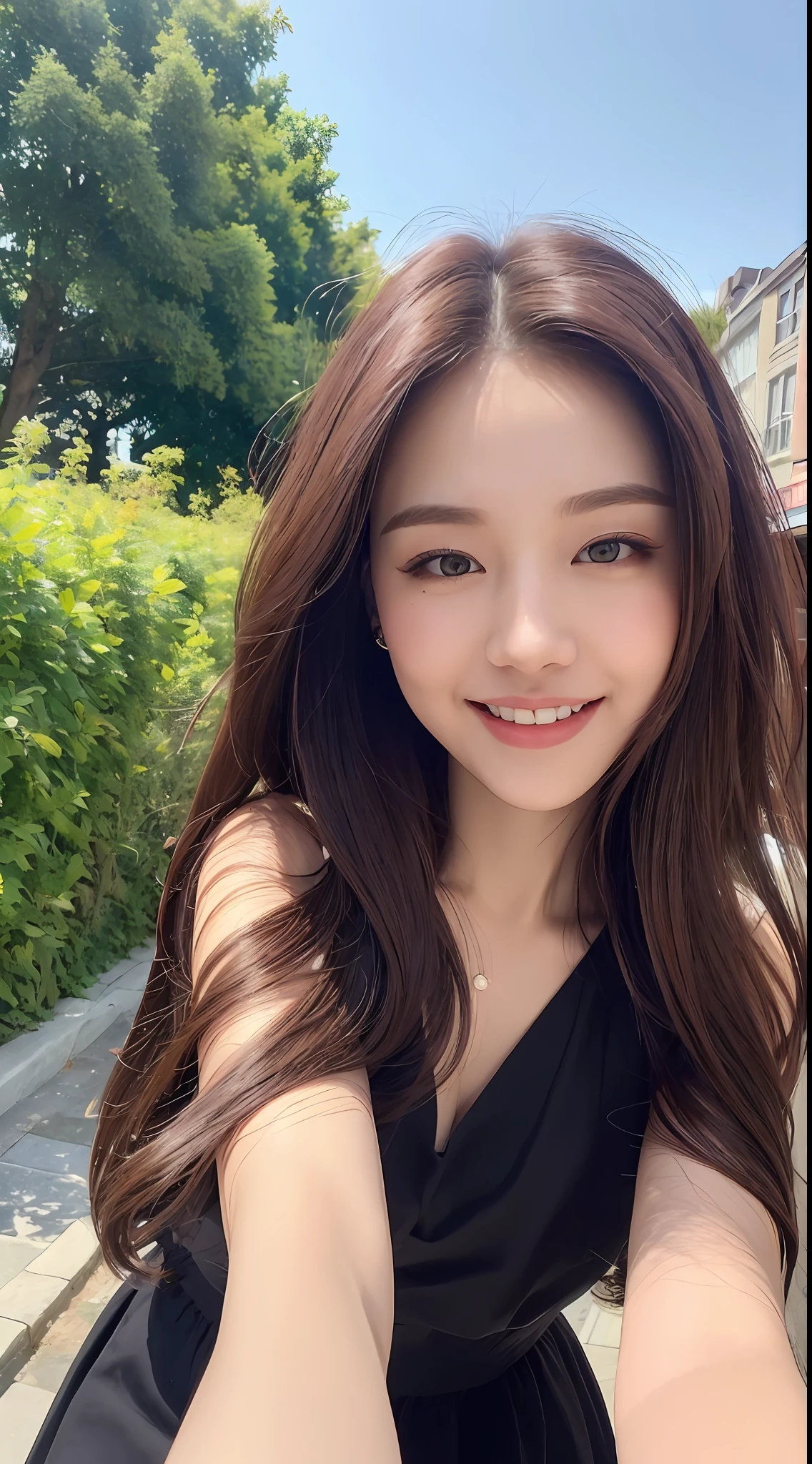 ((Best quality, 8k, Masterpiece :1.3)), 1girl, taking selfie, closeup, smiling, slim face, Pretty woman, (Dark brown hair), full length dress :1.1, Ultra-detailed face, Detailed eyes, Double eyelid, blur background, slim face, city, outside, street, sunny, sky, Nature