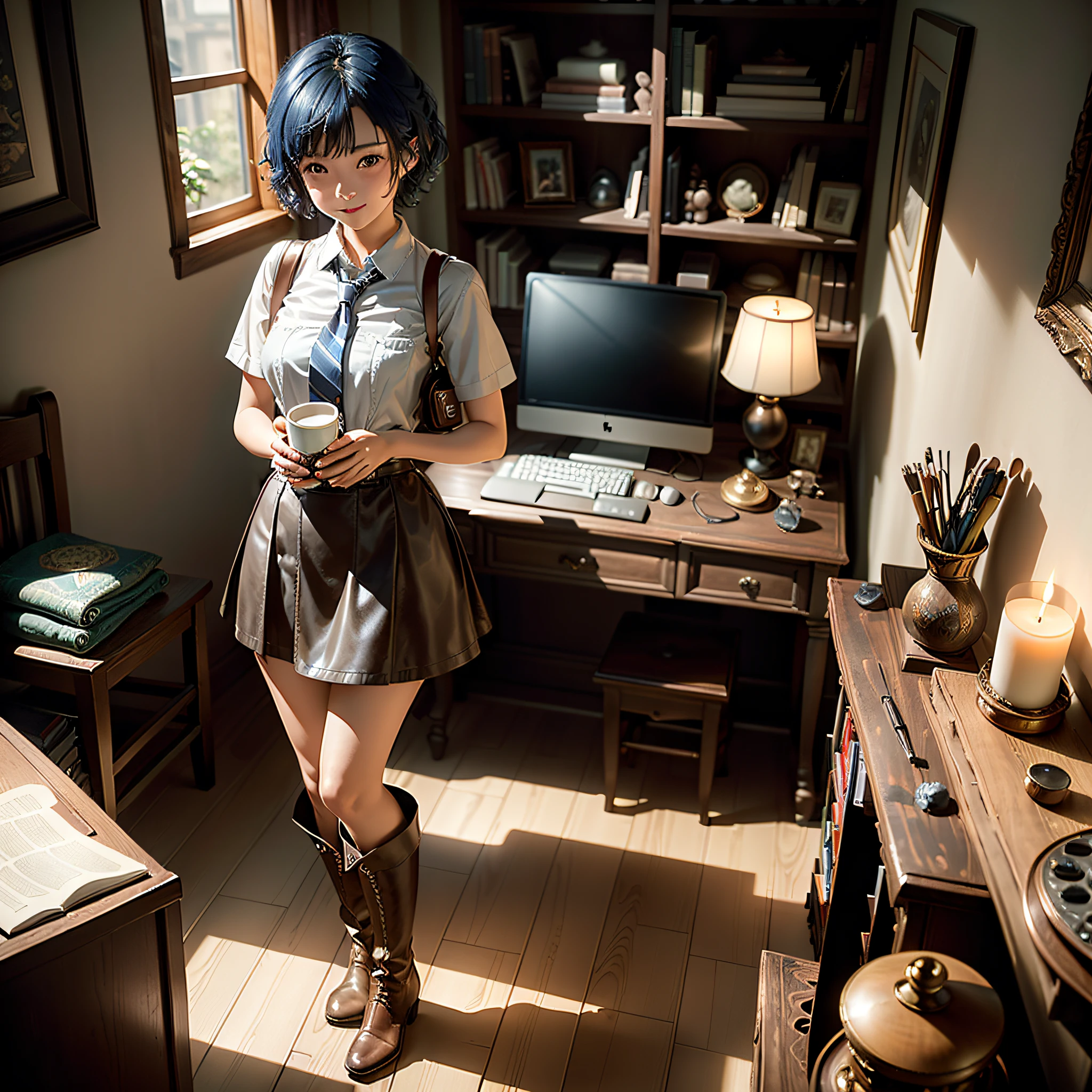 (masterpiece, highest quality, highest resolution, distinct_image, very elaborate CG, cinematic lighting, ray tracing, drop shadows, detailed detail, (photorealistic: 1.4), high quality textures, fine-grained, realistic face expression): (lone girl, face is Japan, short blue hair, small size breasts, sparkling eyes, Eye level shot, happy smile, beauty, slim body, holiday, own room, console game, computer, knee-length skirt, collared shirt, long boots, antique radio, coffee, model train, bookshelf, spacious chair, pot, fan, painting, stuffed animal, tie, notebook, stationery, vase, photo frame, letter, fountain pen, calendar, lamps, cushions, baskets, mirrors in profile, candles)