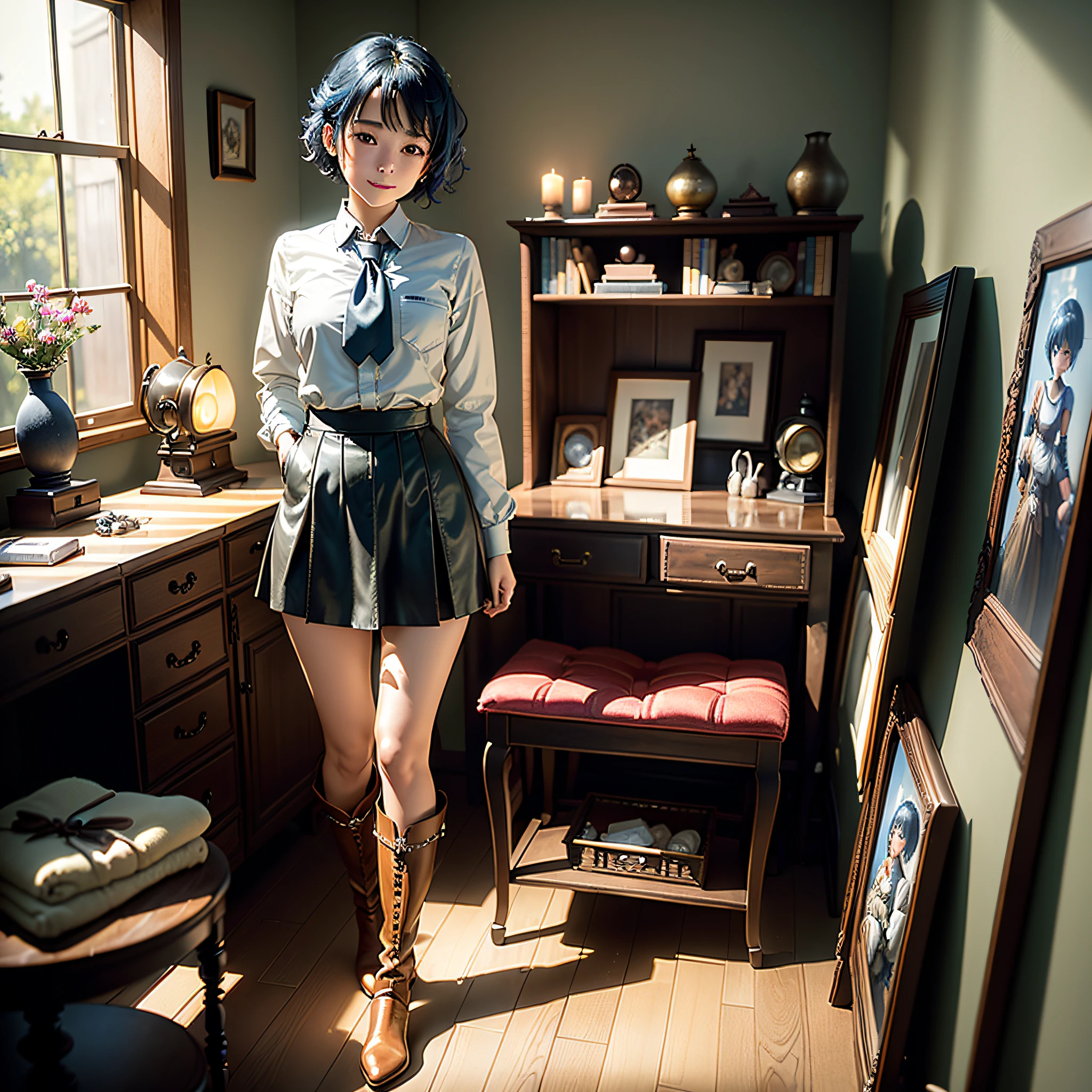 (masterpiece, highest quality, highest resolution, distinct_image, very elaborate CG, cinematic lighting, ray tracing, drop shadows, detailed detail, (photorealistic: 1.4), high quality textures, fine-grained, realistic face expression): (lone girl, face is Japan, short blue hair, small size breasts, sparkling eyes, Eye level shot, happy smile, beauty, slim body, holiday, own room, console game, computer, knee-length skirt, collared shirt, long boots, antique radio, coffee, model train, bookshelf, spacious chair, pot, fan, painting, stuffed animal, tie, notebook, stationery, vase, photo frame, letter, fountain pen, calendar, lamps, cushions, baskets, mirrors in profile, candles)