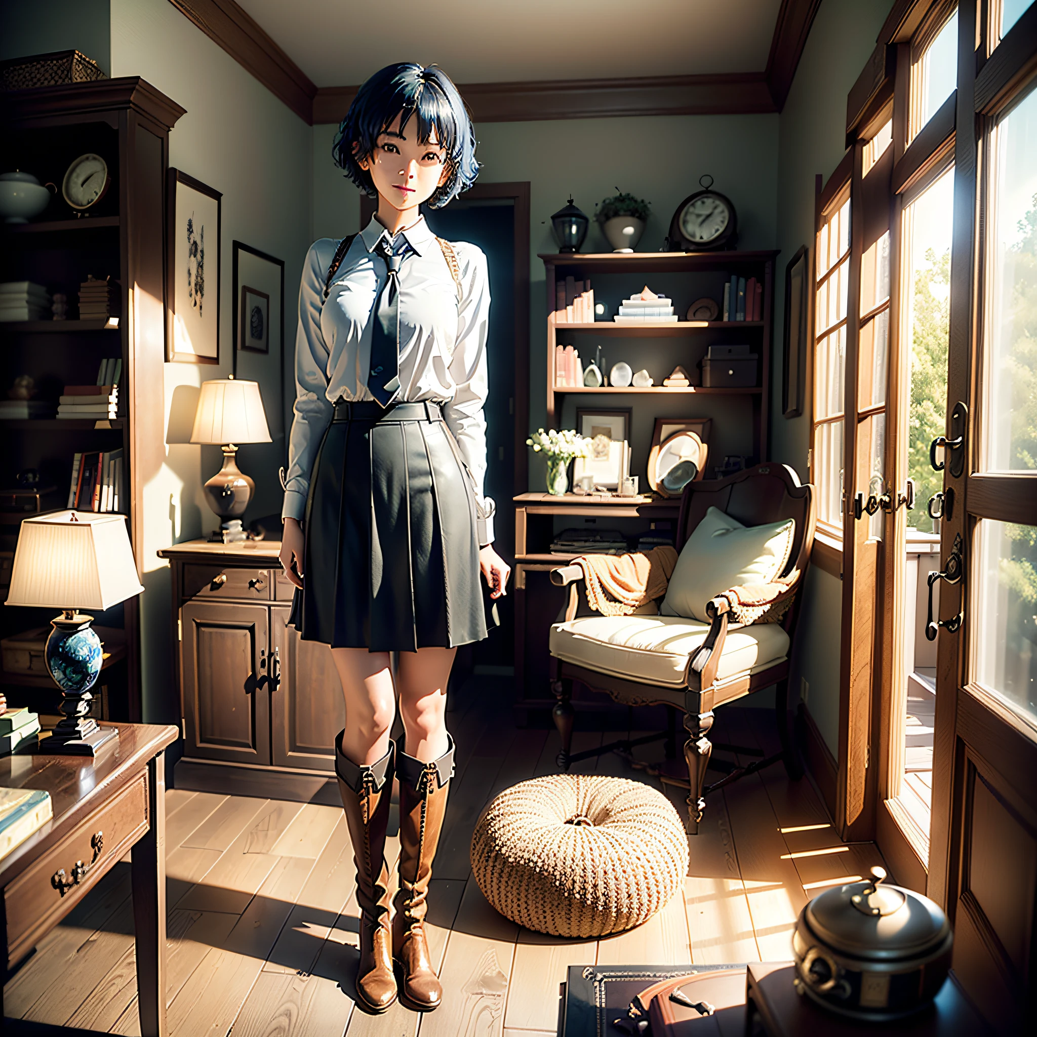 (masterpiece, highest quality, highest resolution, distinct_image, very elaborate CG, cinematic lighting, ray tracing, drop shadows, detailed detail, (photorealistic: 1.4), high quality textures, fine-grained, realistic face expression): (lone girl, face is Japan, short blue hair, small size breasts, sparkling eyes, Eye level shot, happy smile, beauty, slim body, holiday, own room, console game, computer, knee-length skirt, collared shirt, long boots, antique radio, coffee, model train, bookshelf, spacious chair, pot, fan, painting, stuffed animal, tie, notebook, stationery, vase, photo frame, letter, fountain pen, calendar, lamps, cushions, baskets, mirrors in profile, candles)