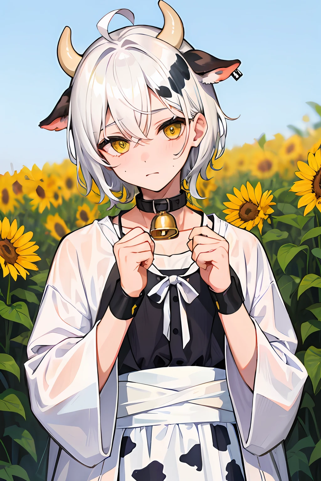 A Boy, male cow hybrid, cow ears, bell collar, white hair, yellow eyes, wearing cow print clothes, shy