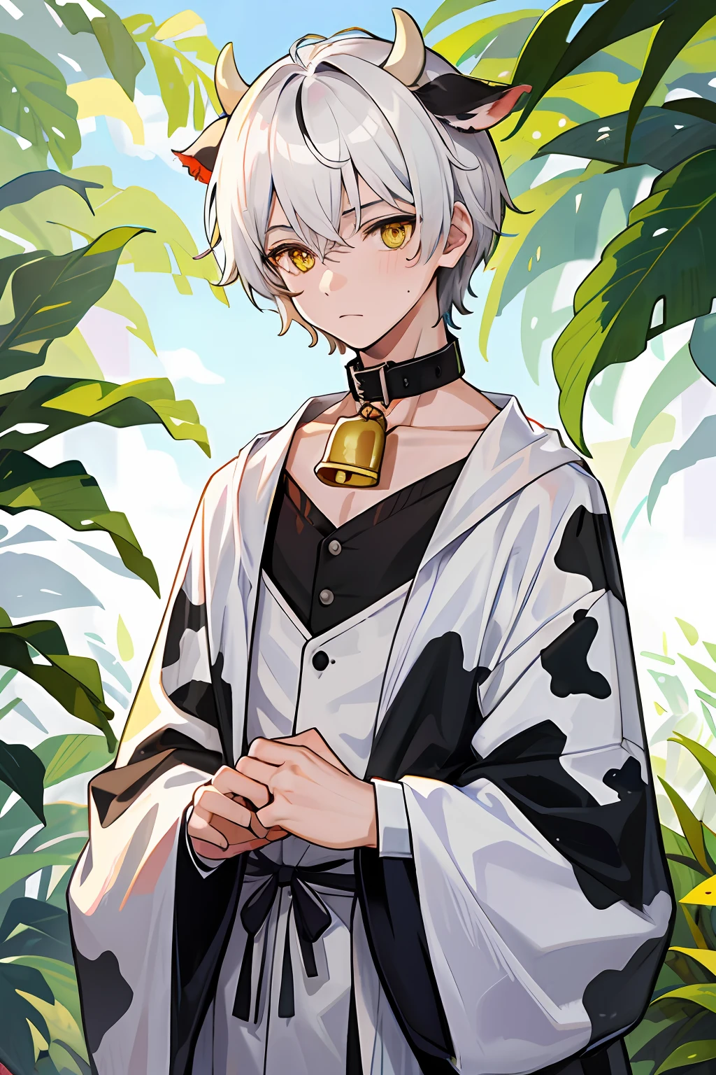 A Boy, male cow hybrid, cow ears, bell collar, white hair, yellow eyes, wearing cow print clothes, shy
