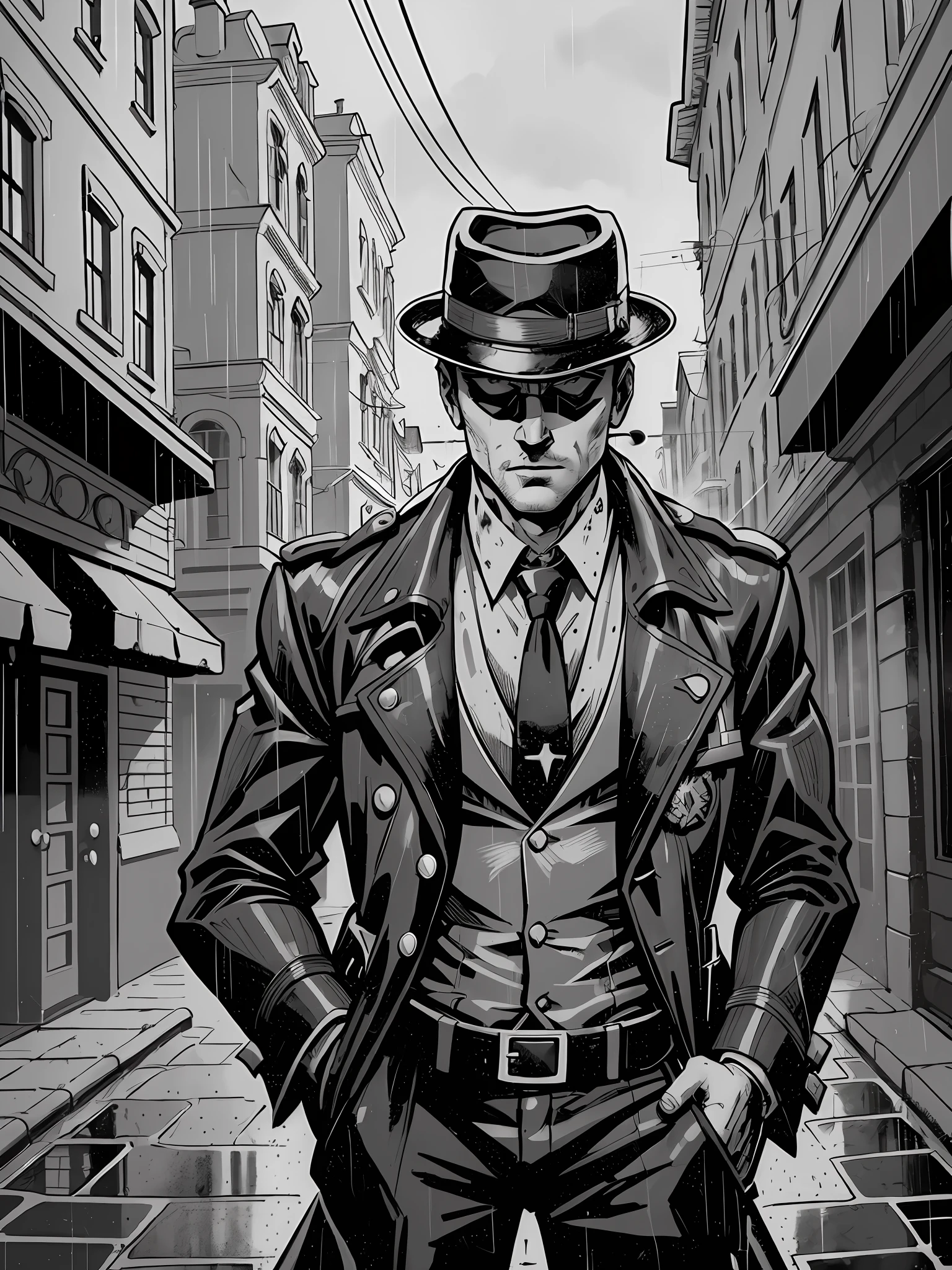 (Noir Comics-style illustration:1.2),(St. Petersburg:1.1), black and white, high contrast, gritty, gloomy, raining, moody, detective in a trench-coat, fedora hat, smoking a cigarette, murder scene, blood-stained weapon, alleyway