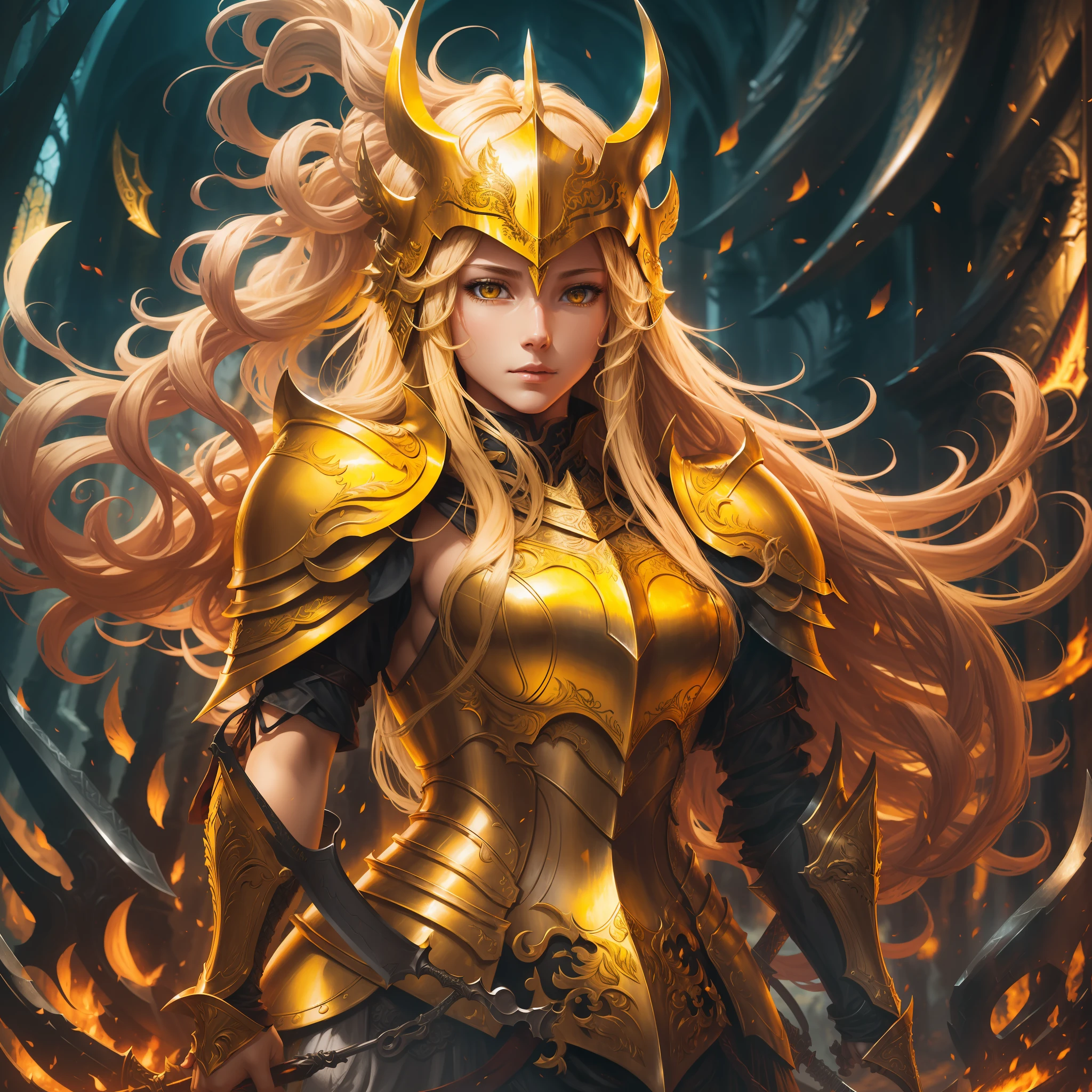 a woman, wildly blonde long hair, dark fantasy, detailed yellow armor, detailed red helmet, large sword --auto --s2