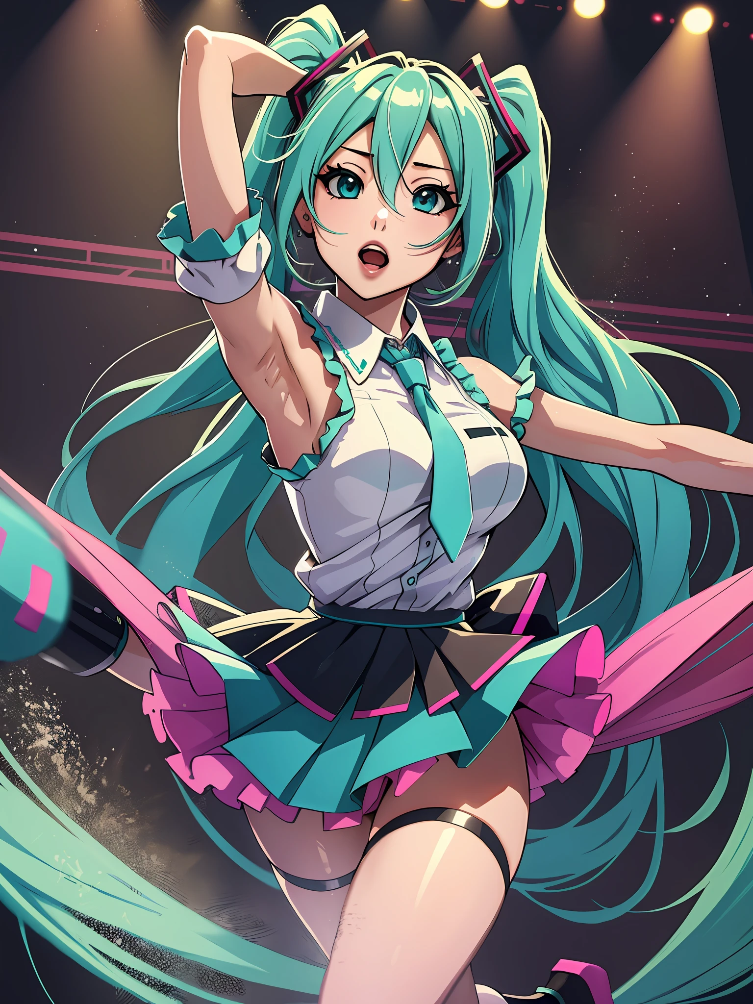 (best quality), Hatsune Miku, in photo stage, high-resolution, dynamic pose, vibrant colors, lively atmosphere