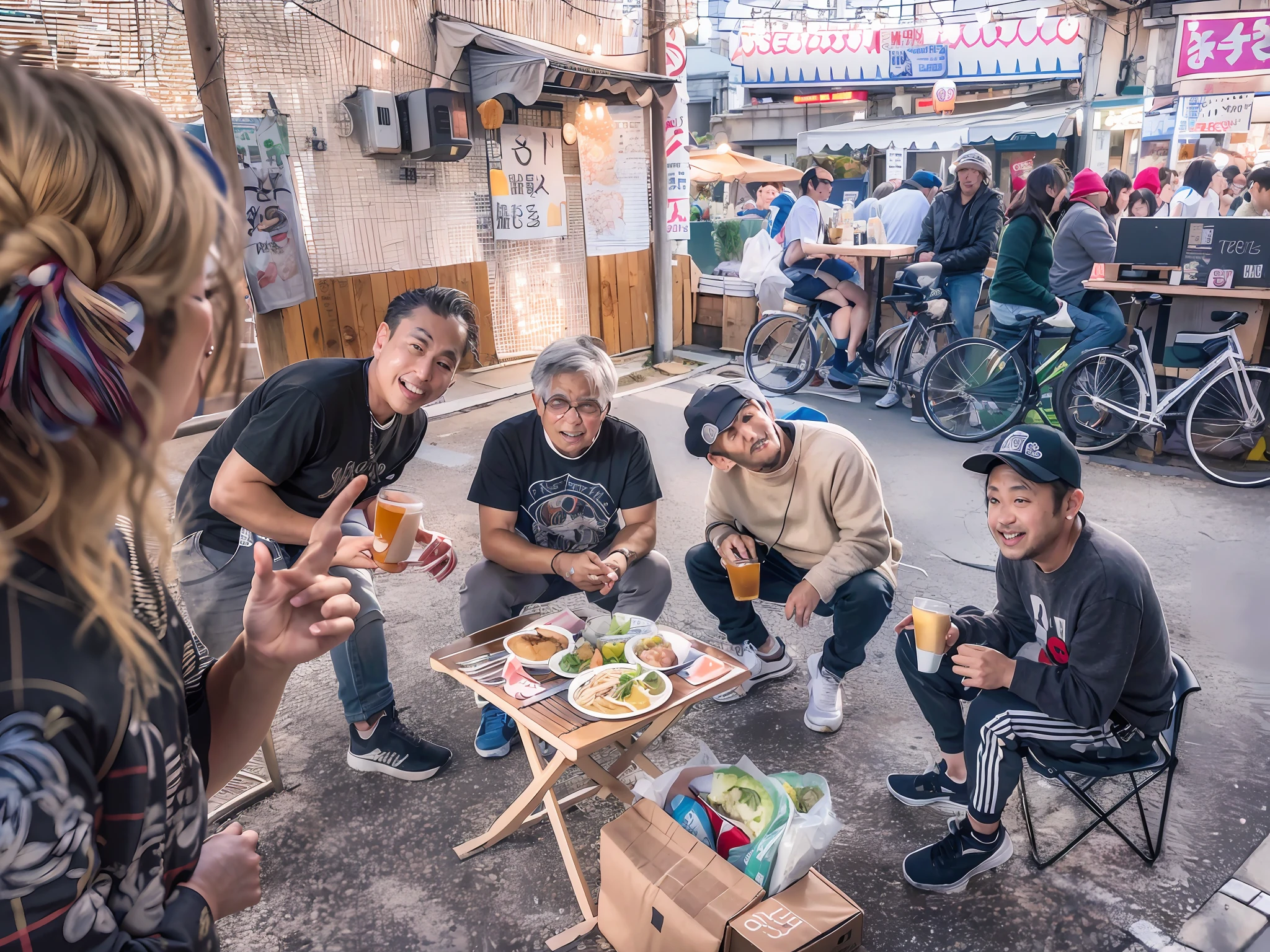 Set in a parking lot, several people around a table with food and drinks, captured on iPhone, Tokyo, Tokyo, people outside are eating, in front of a ramen shop, set on the rooftop of Tokyo, shot in the early 2020s, little people, masterpiece !!,、 victory, sitting in Tokyo, eating outside, shot on concrete ground