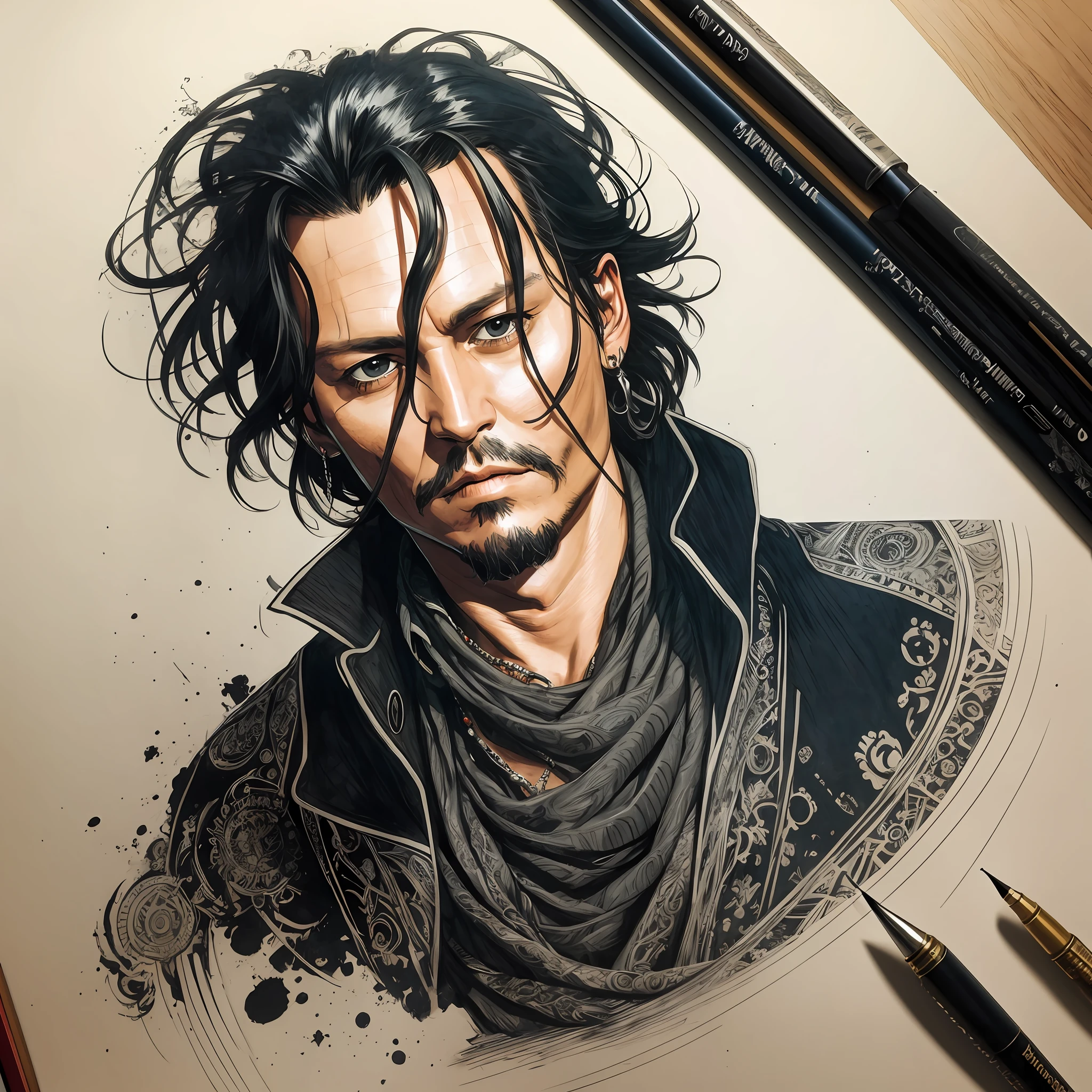 Portrait of Johnny Depp, pen and ink, intricate line drawings, by Craig Mullins, Ruan Jia, Kentaro Miura, Greg Ruttowski, Loundraw