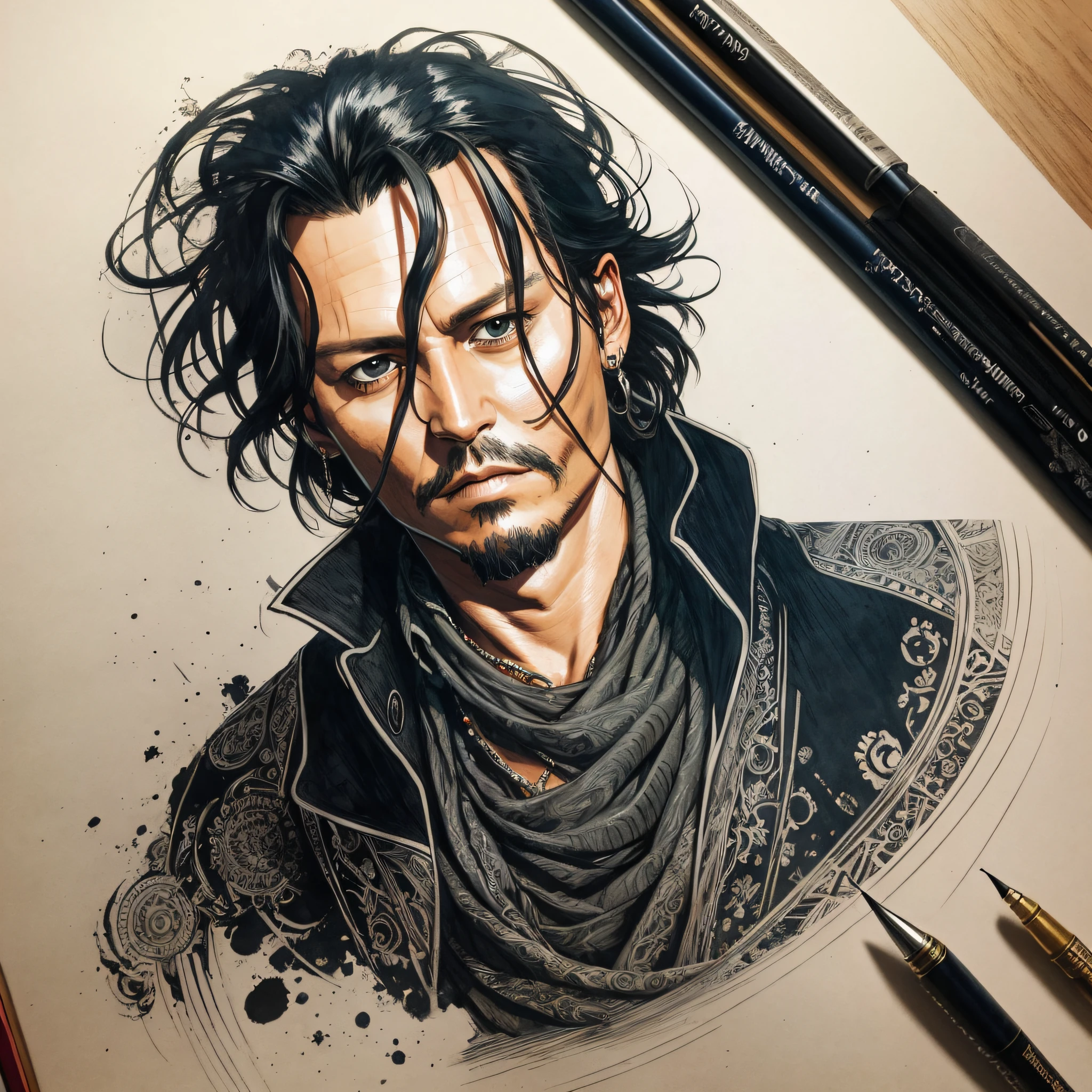 Portrait of Johnny Depp, pen and ink, intricate line drawings, by Craig Mullins, Ruan Jia, Kentaro Miura, Greg Ruttowski, Loundraw