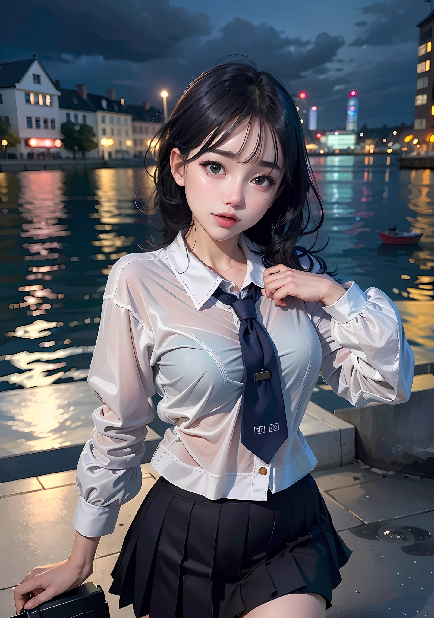 A short-haired schoolgirl by the sea, wearing a school uniform, school clothes, JK school uniform, perfect and exquisite facial features, cute expression, beautiful sea, behind the sea with night view, the reflection of the sea surface is very bright, the ocean at night, thick bangs, girl, (8k, RAW photo, best quality, mastery:1.2), (realistic, photo-realistic:1.37), (pureerosface_v1:0. 2), (ulzzang-6500:0.6), omertosa, 1girl, (Kpop idol), (aegyo sal :1), cute, cityscape, night, rain, humidity, professional lighting, photon mapping, radiosity, physically based rendering