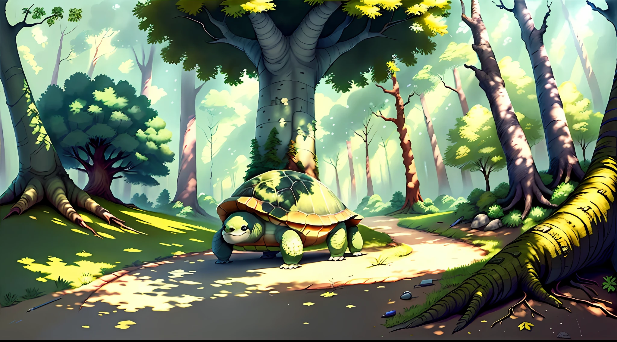 Draw a background forest with a sunny sky, draw a large tree in the foreground, draw a turtle on the ground near the trunk of the large tree, draw a book and a pen near the turtle